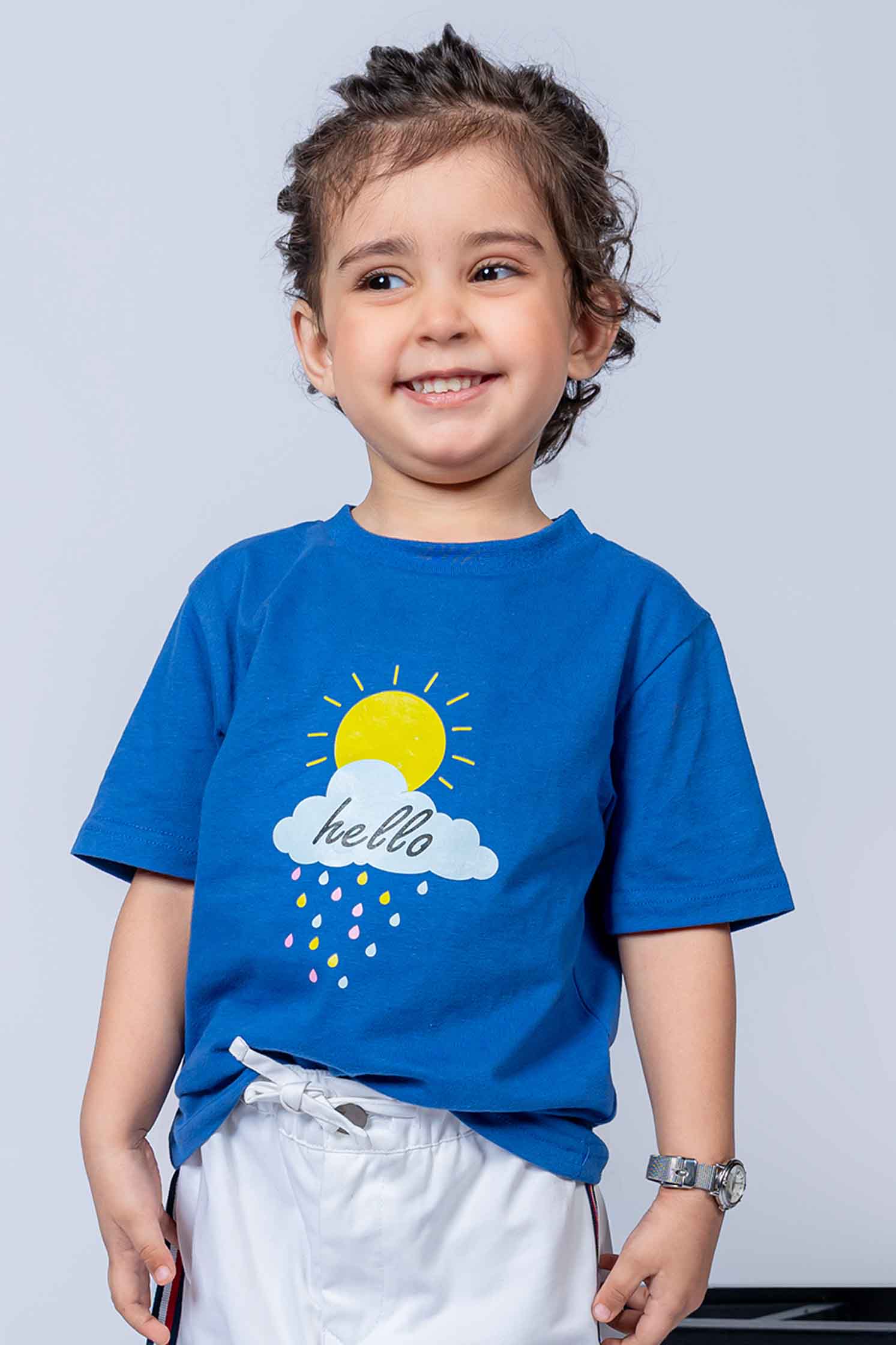 KID'S T-SHIRT ROYAL BLUE WITH "HELLO" PRINTING
