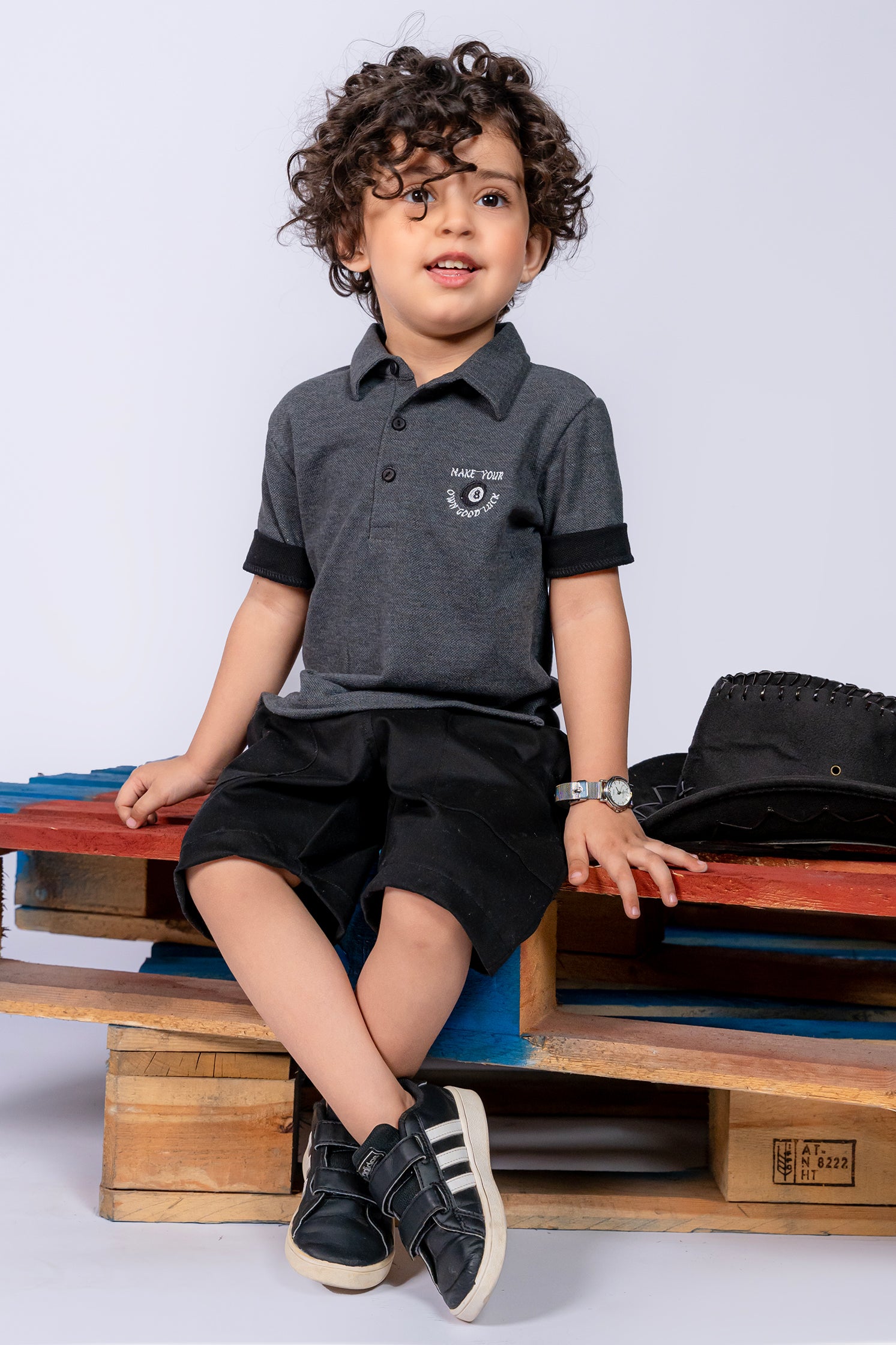 KID'S POLO BLACKISH GRAY FRONT EMBROIDERY