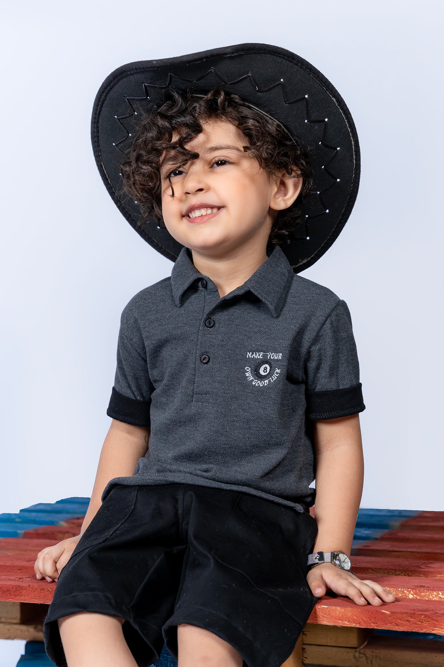 KID'S POLO BLACKISH GRAY FRONT EMBROIDERY