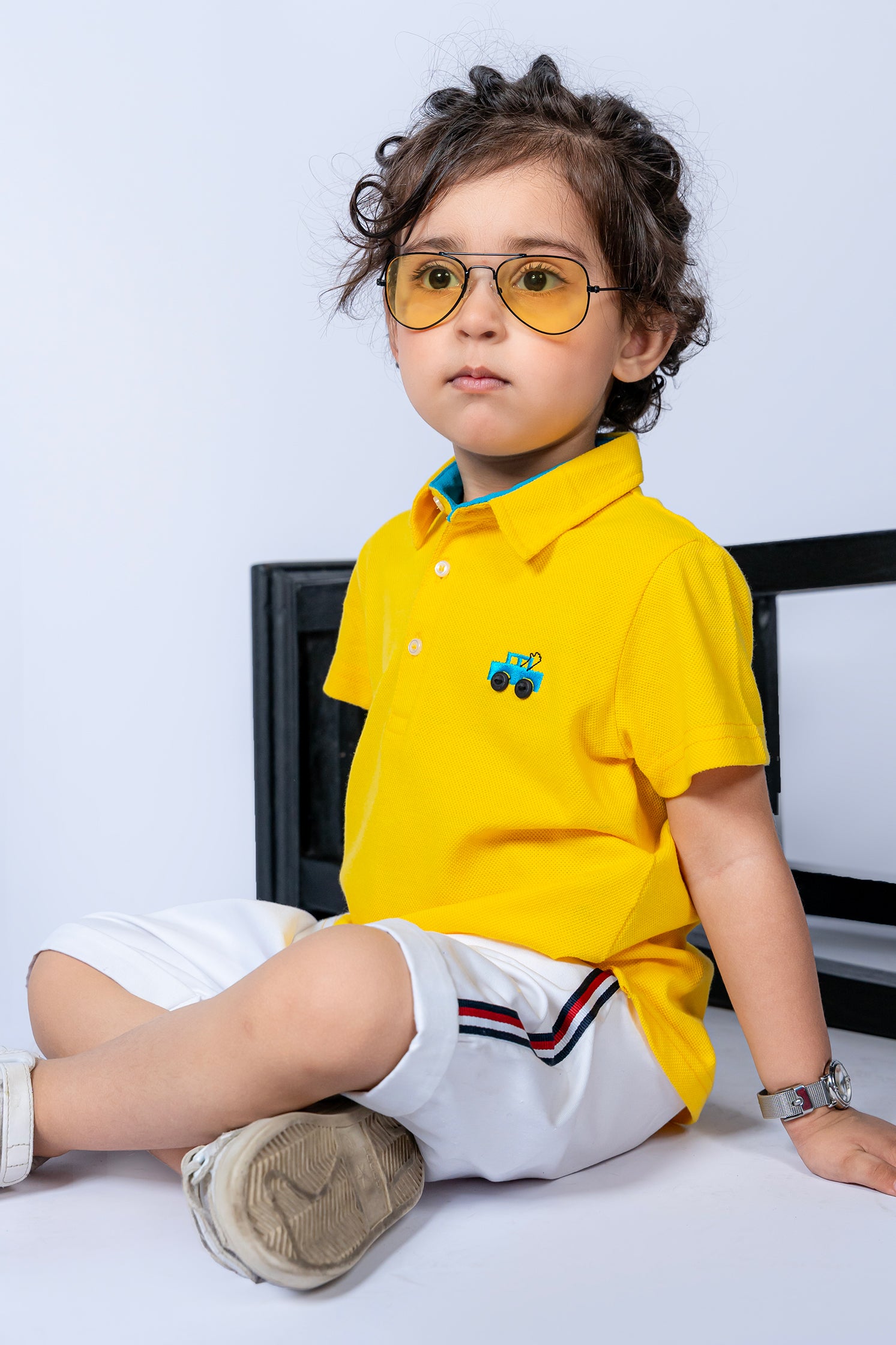 KIDS COLOR BLOCK POLO YELLOW & WHITE FRONT EMBROIDERY