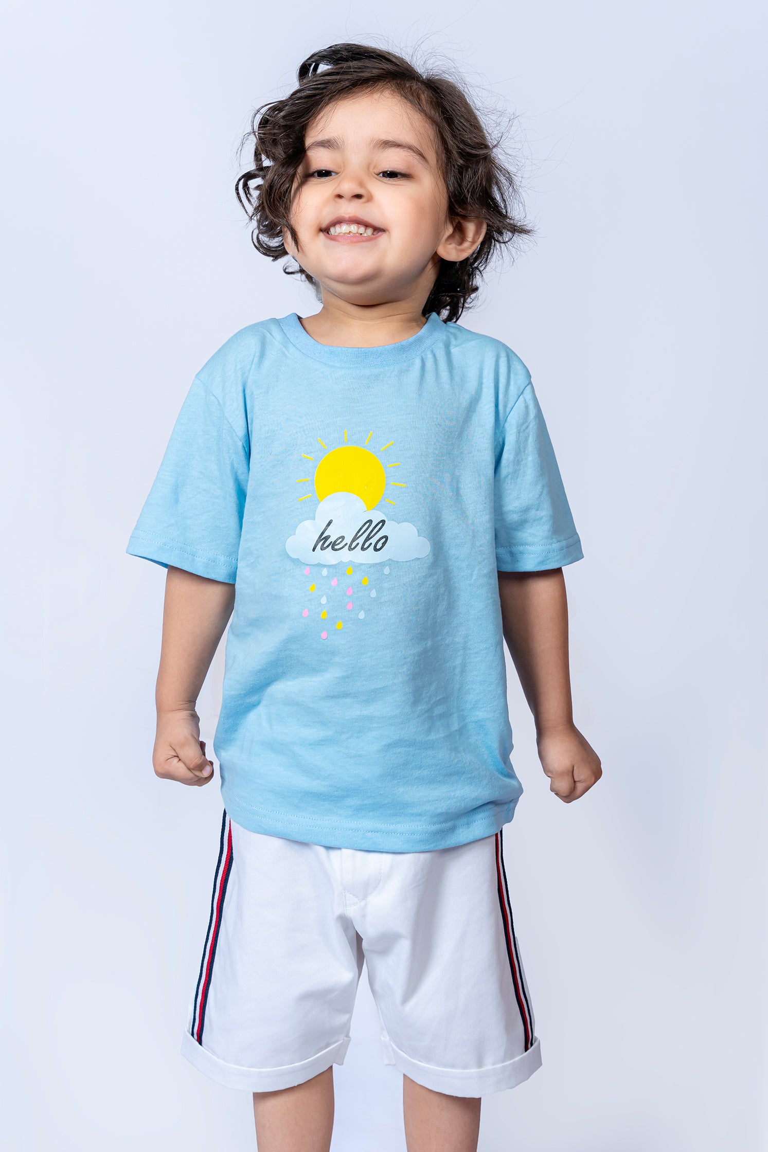KID'S T-SHIRT SKY COLOR WITH "HELLO" PRINTING