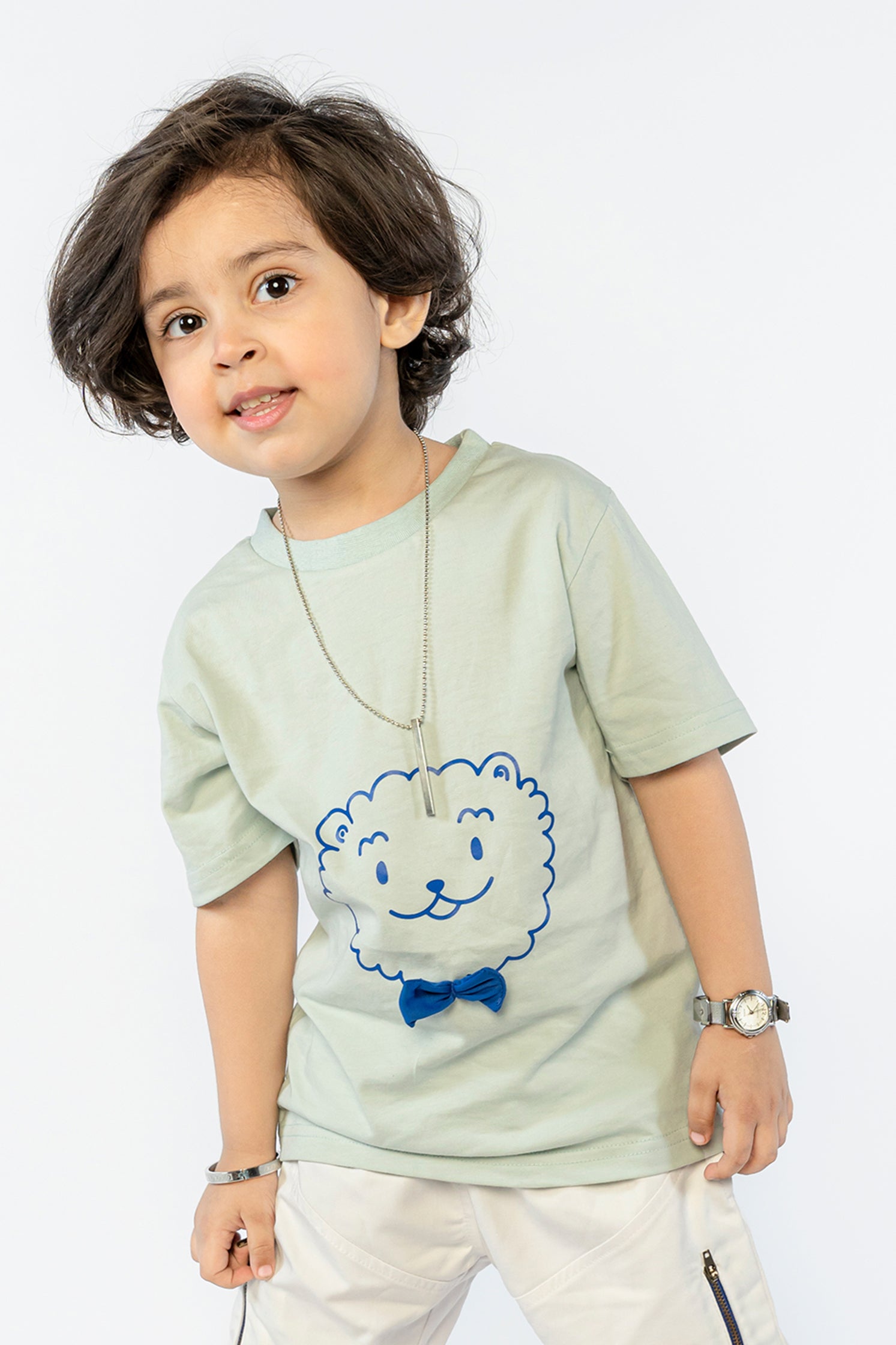 KID'S T-SHIRT BUTTER GREEN WITH FABRIC BOW & LION PRINTING