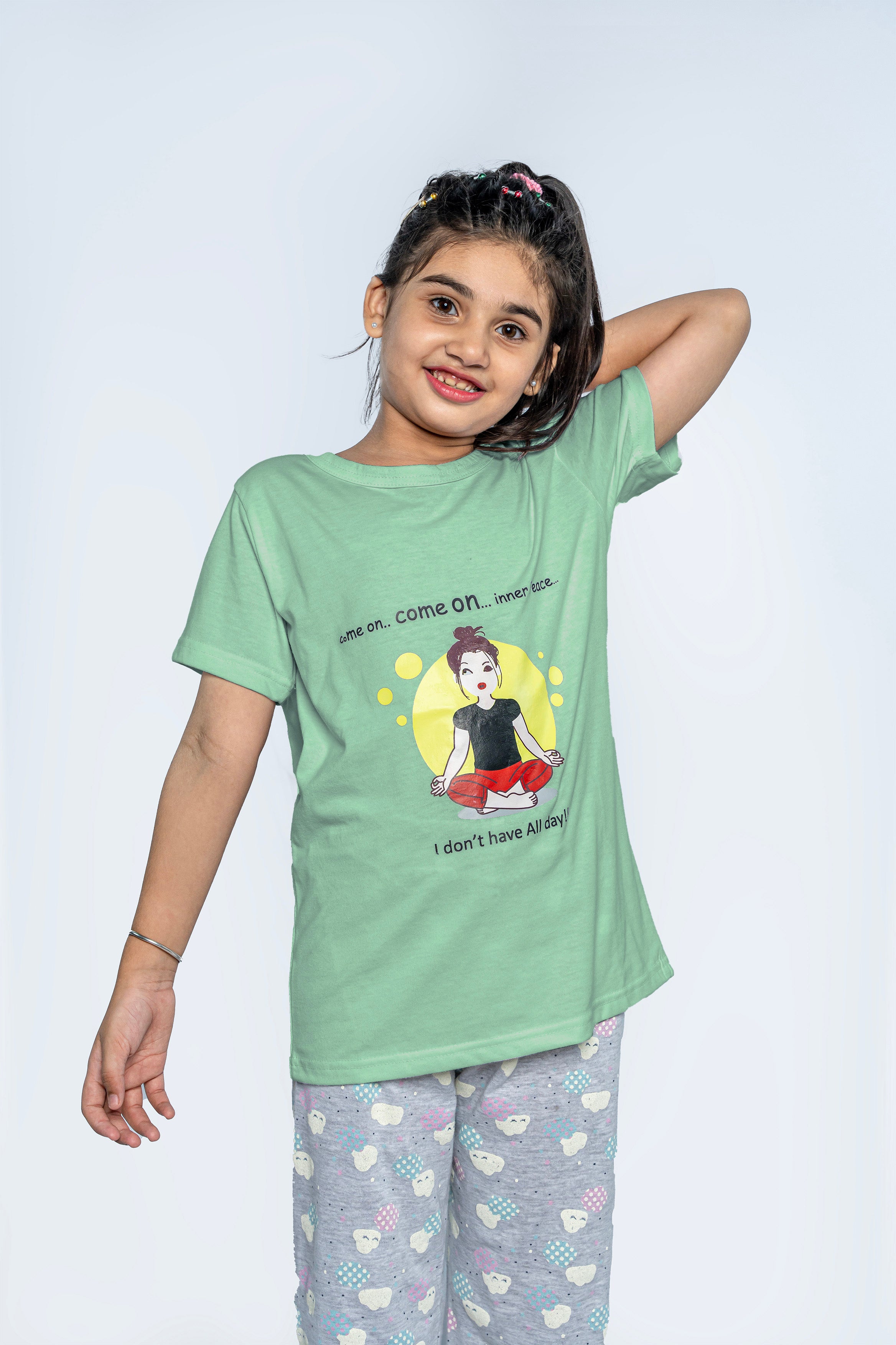GIRL'S PAJAMA SET | SLEEPWEAR | LIME GREEN AND PRINTED GRAY TROUSER NIGHT SUIT