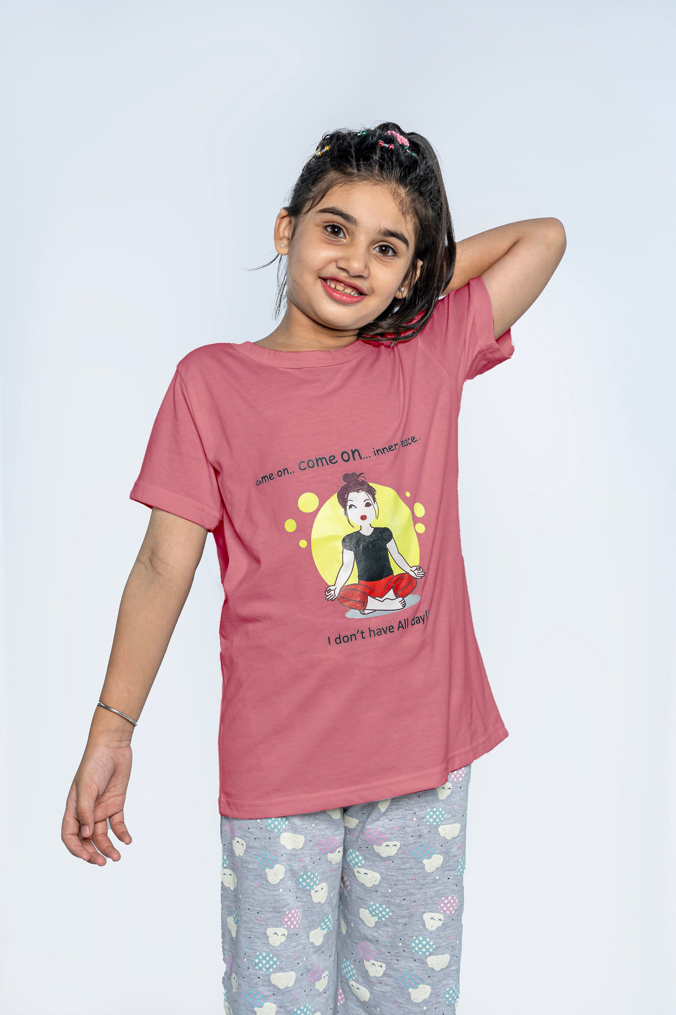 GIRL'S PAJAMA SET | SLEEPWEAR | CORAL AND PRINTED GRAY TROUSER NIGHT SUIT