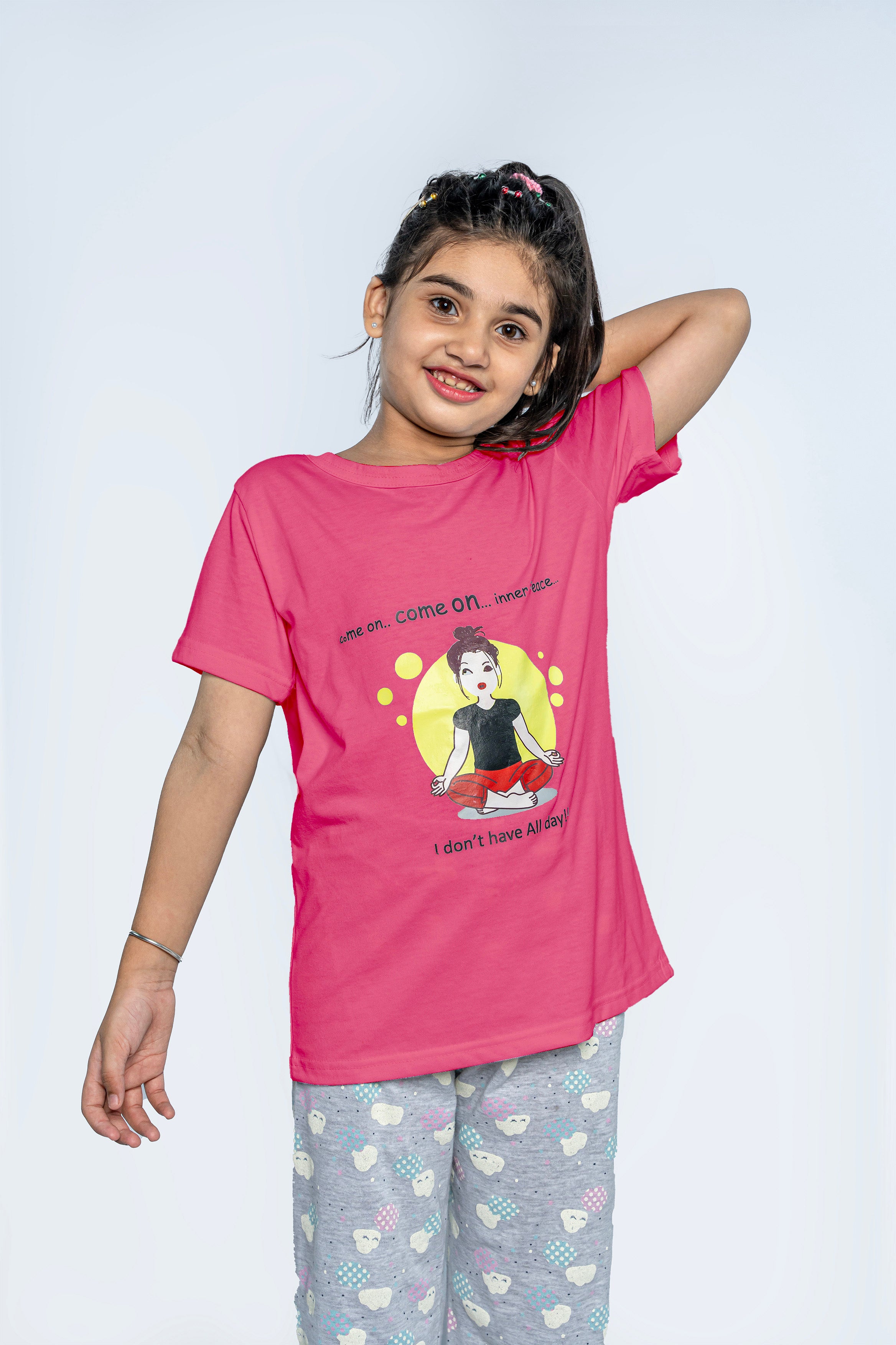 GIRL'S PAJAMA SET | SLEEPWEAR | PINK AND PRINTED GRAY TROUSER NIGHT SUIT