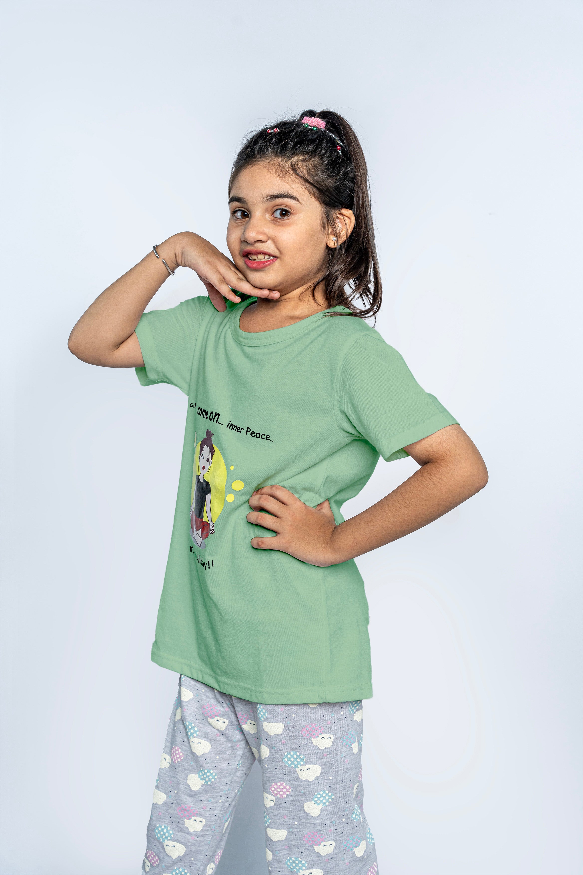 GIRL'S PAJAMA SET | SLEEPWEAR | LIME GREEN AND PRINTED GRAY TROUSER NIGHT SUIT