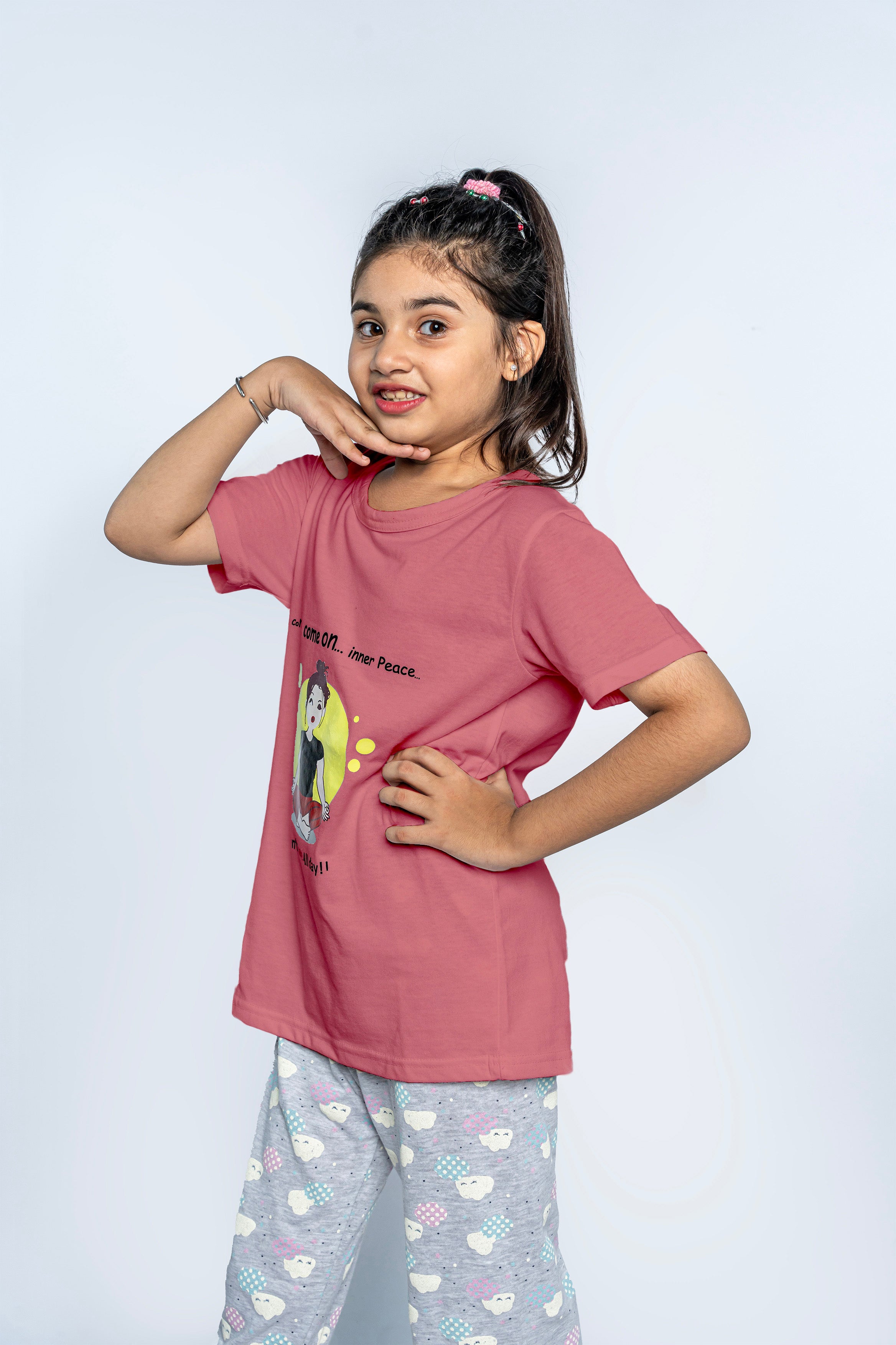 GIRL'S PAJAMA SET | SLEEPWEAR | CORAL AND PRINTED GRAY TROUSER NIGHT SUIT