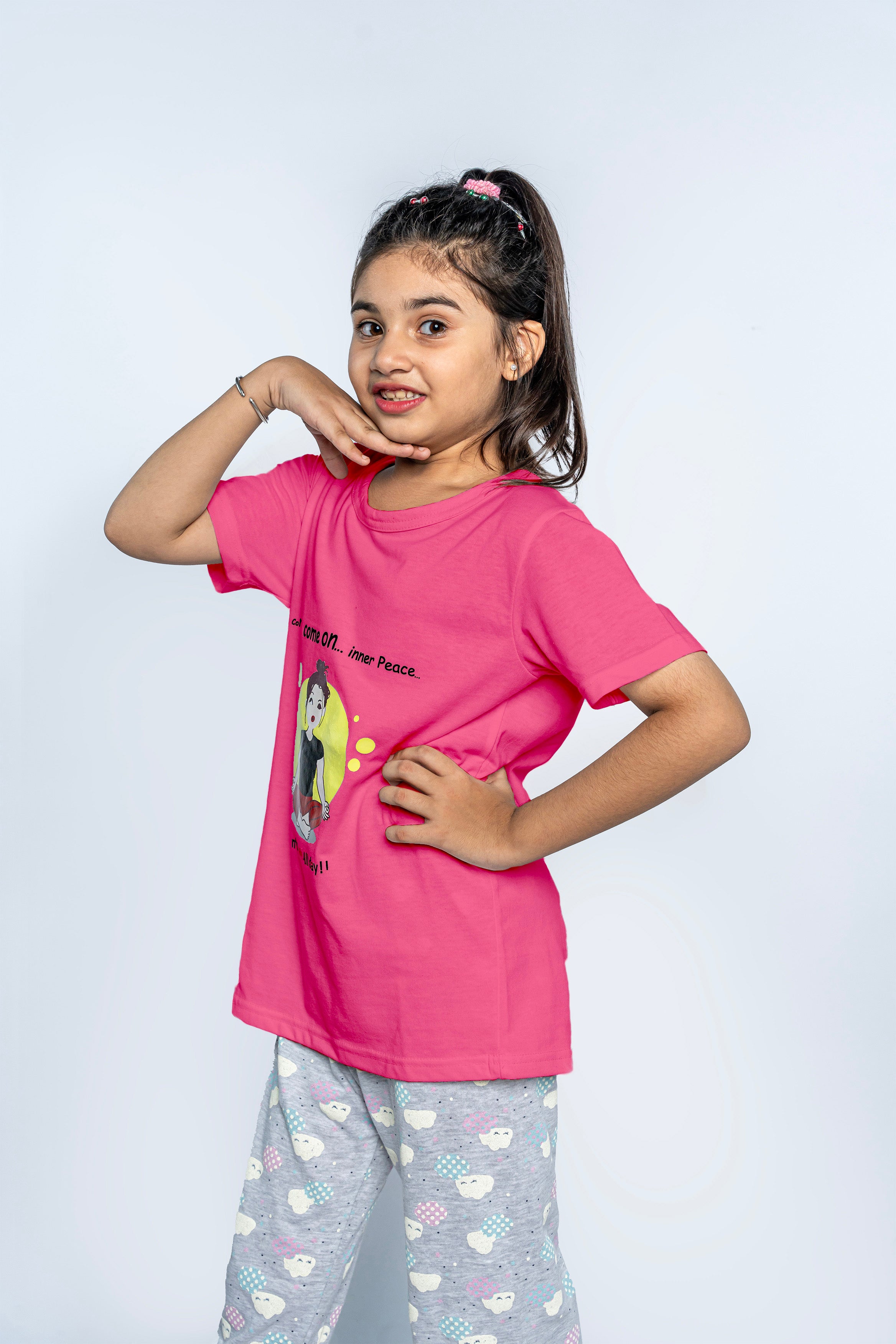 GIRL'S PAJAMA SET | SLEEPWEAR | PINK AND PRINTED GRAY TROUSER NIGHT SUIT
