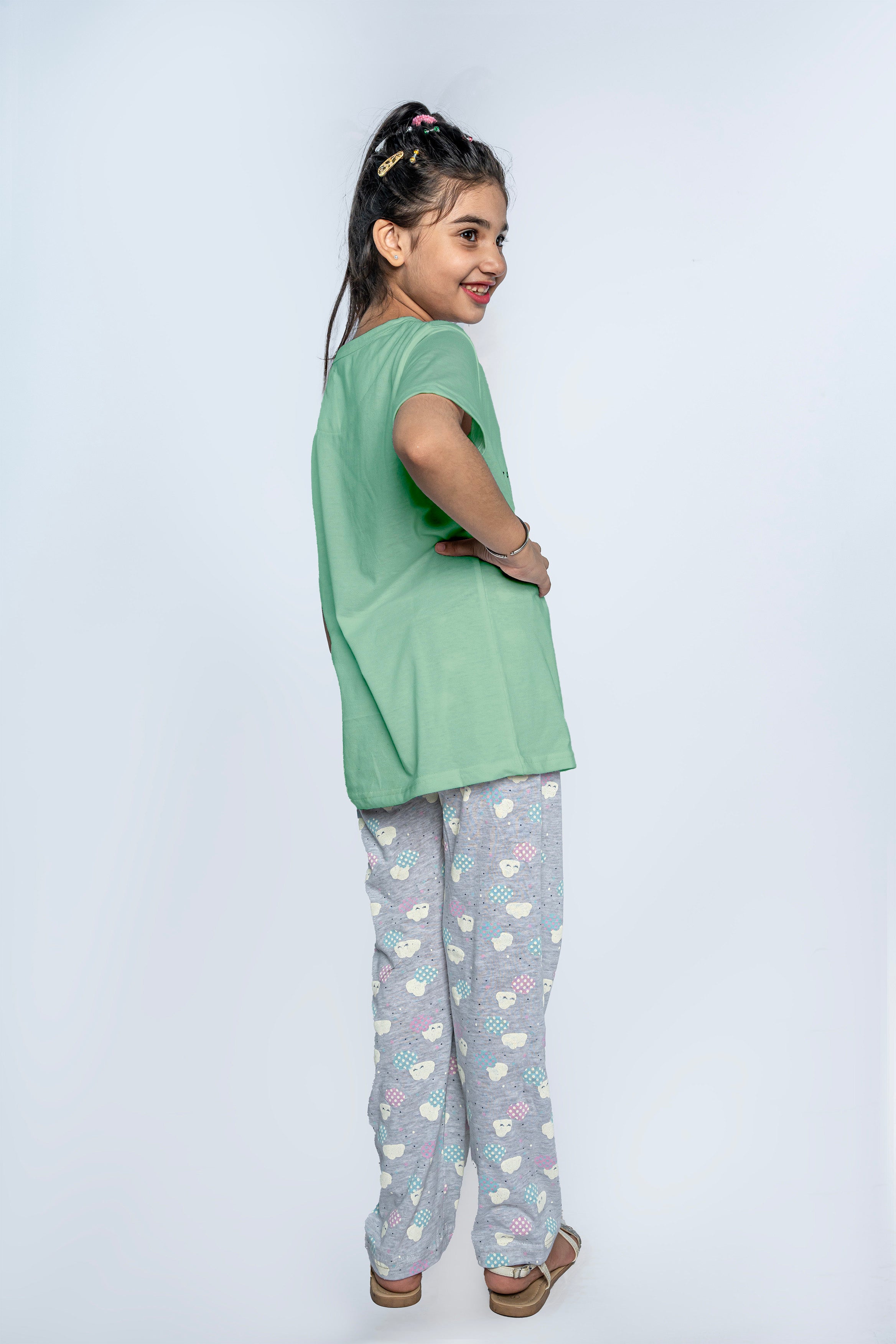GIRL'S PAJAMA SET | SLEEPWEAR | LIME GREEN AND PRINTED GRAY TROUSER NIGHT SUIT