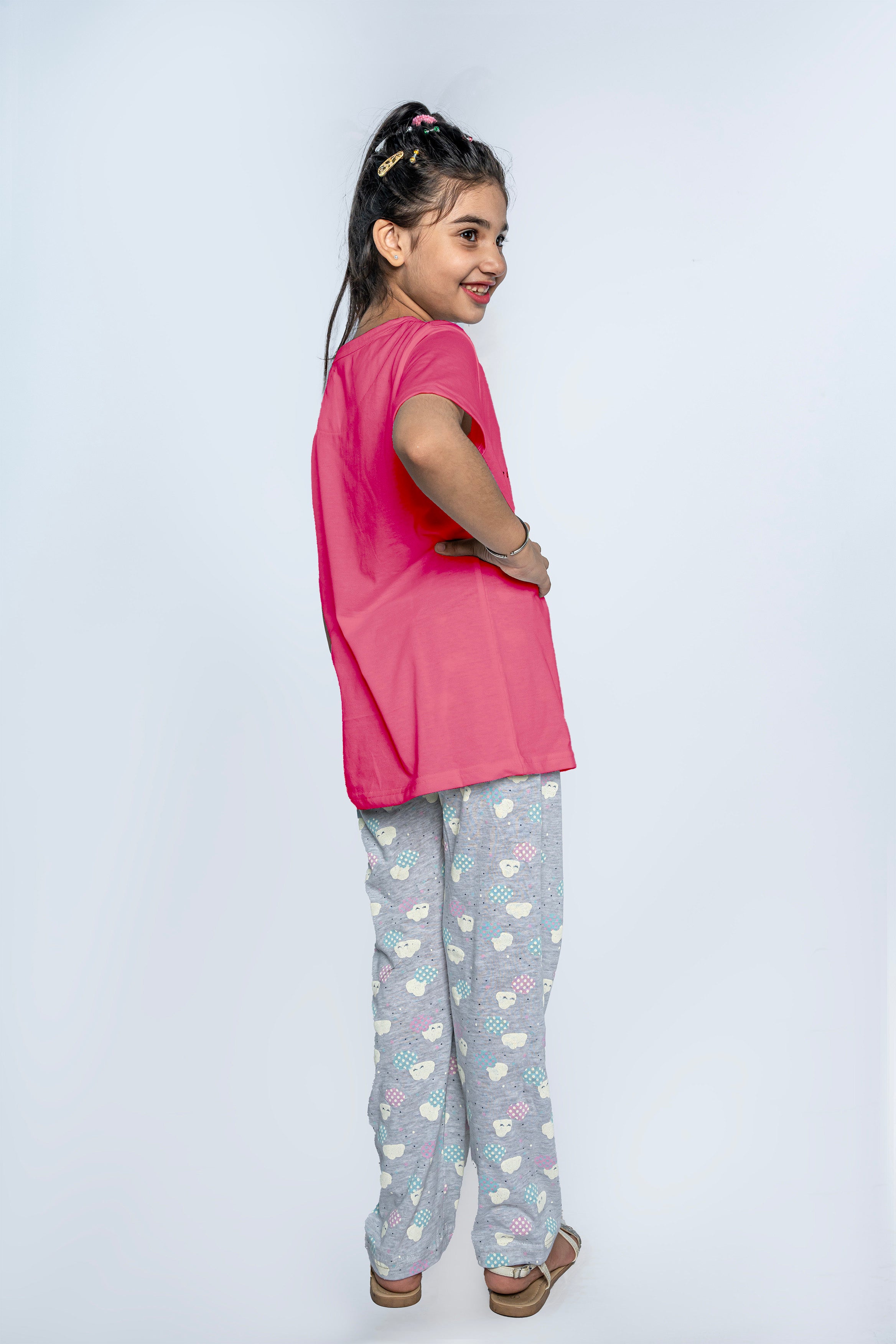 GIRL'S PAJAMA SET | SLEEPWEAR | PINK AND PRINTED GRAY TROUSER NIGHT SUIT