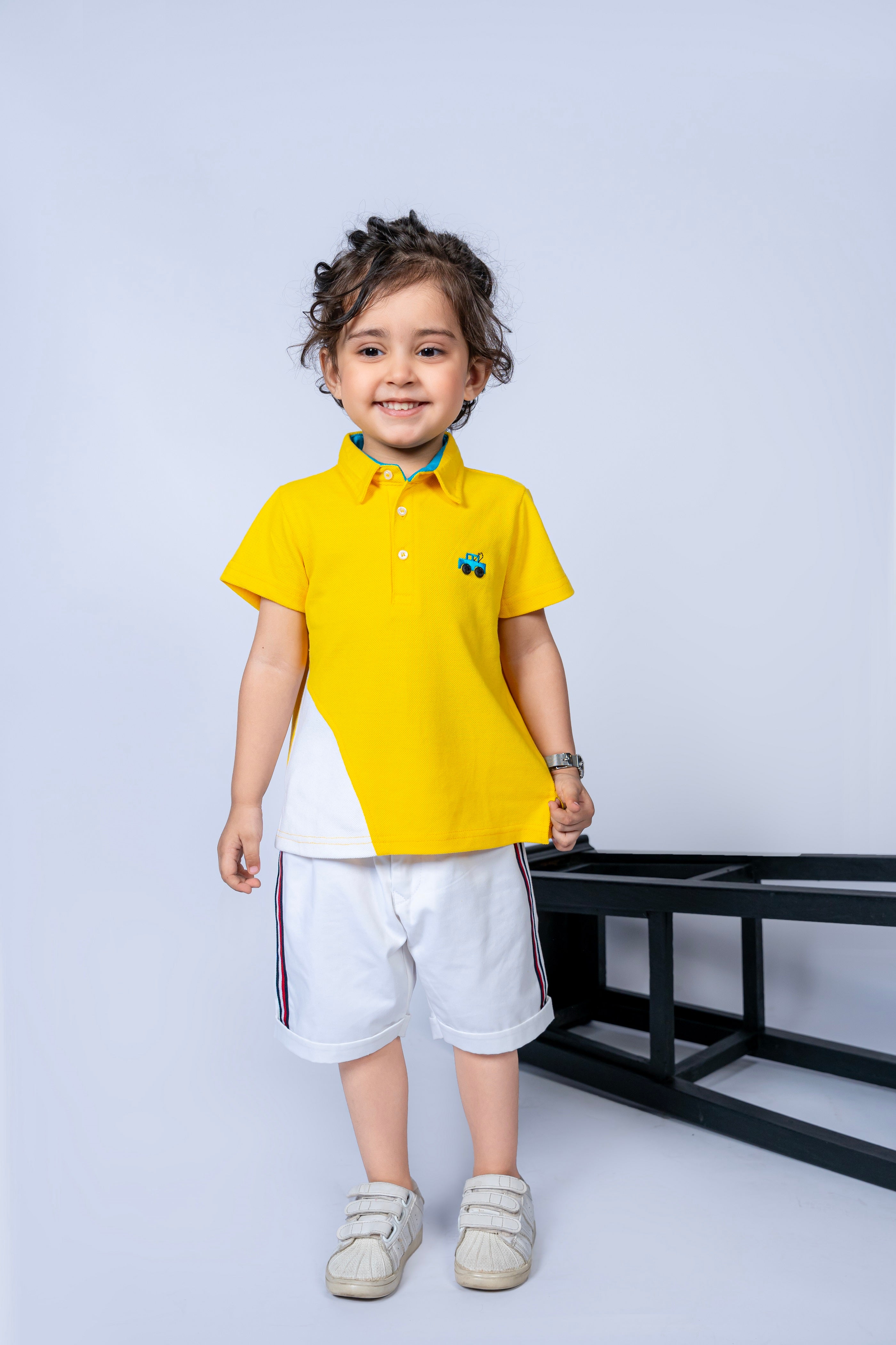 KIDS COLOR BLOCK POLO YELLOW & WHITE FRONT EMBROIDERY