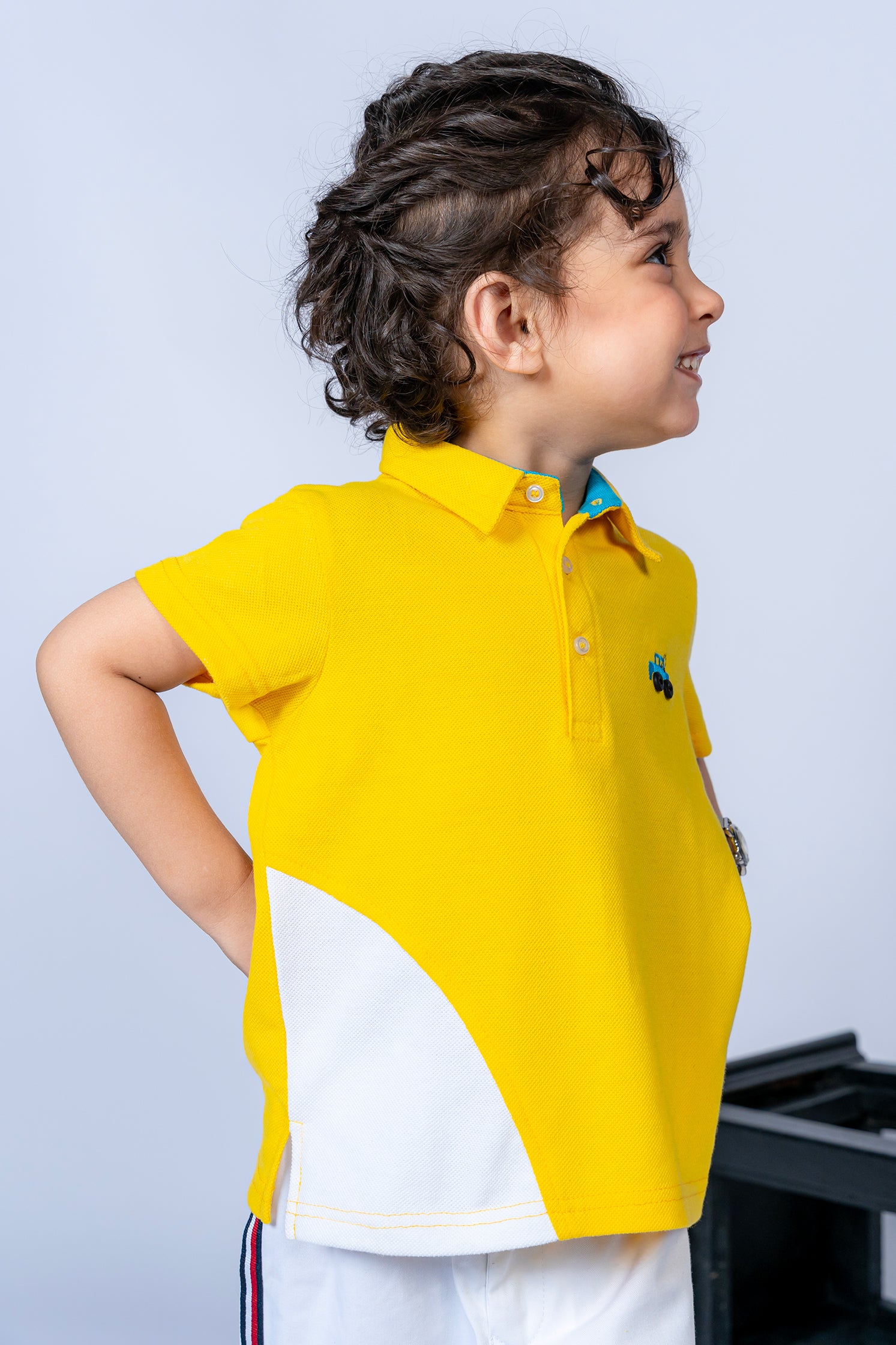 KIDS COLOR BLOCK POLO YELLOW & WHITE FRONT EMBROIDERY