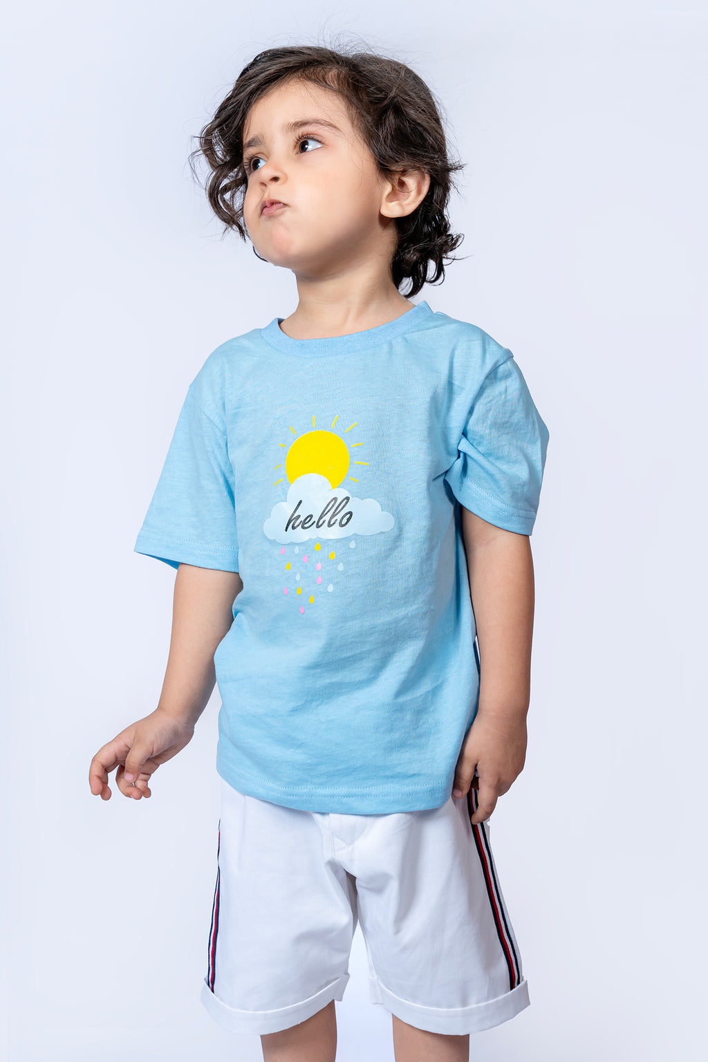 KID'S T-SHIRT SKY COLOR WITH "HELLO" PRINTING