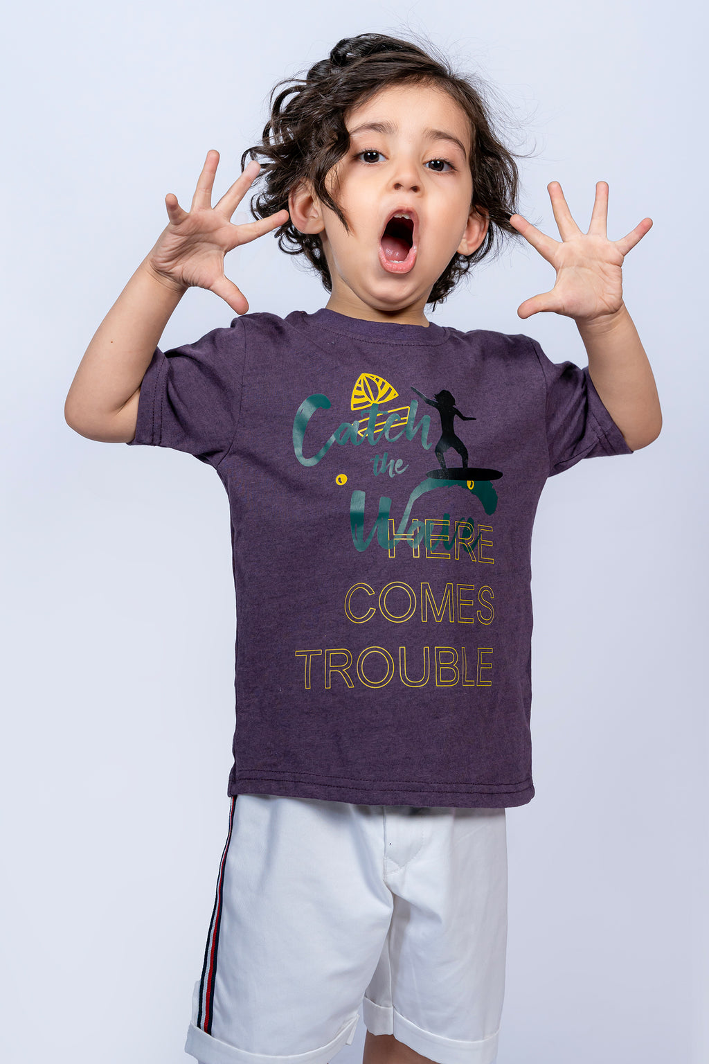 KID'S T SHIRT PURPLE WITH "CATCH THE WAVE" PRINTING