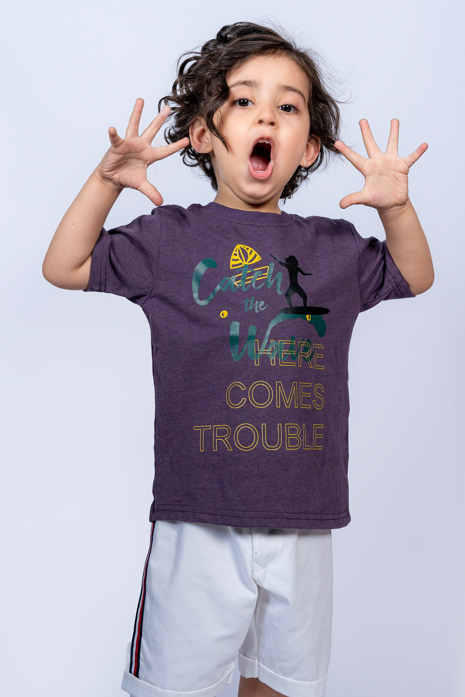 KID'S T SHIRT PURPLE WITH "CATCH THE WAVE" PRINTING