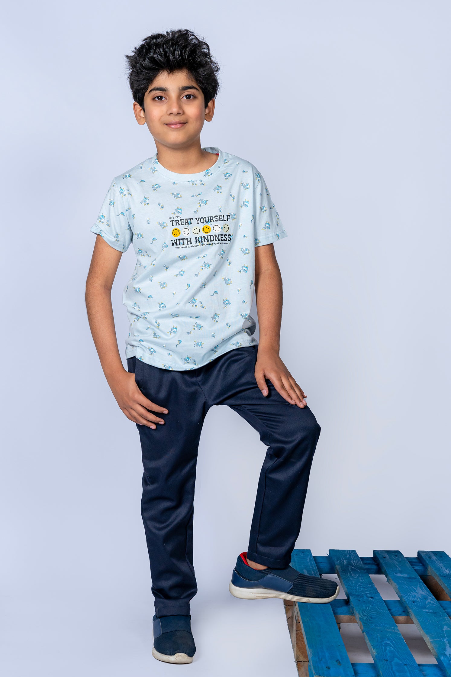 BOY'S T-SHIRT POWDER BLUE WITH "TREAT YOURSELF" PRINTING