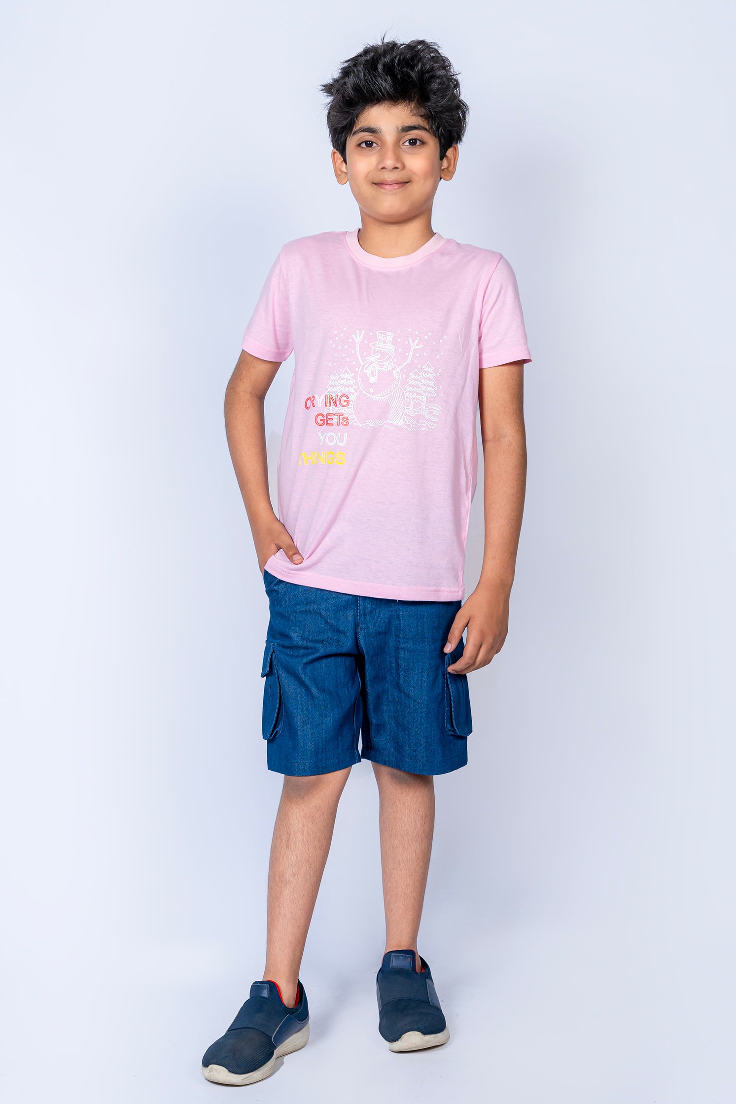 BOYS T-SHIRT PINK WITH "CRYING GETS YOU THINK" PRINTING