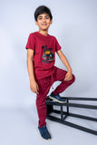 BOYS T-SHIRT MAROON FRONT "NO ROAD NO CAR" PRINTING