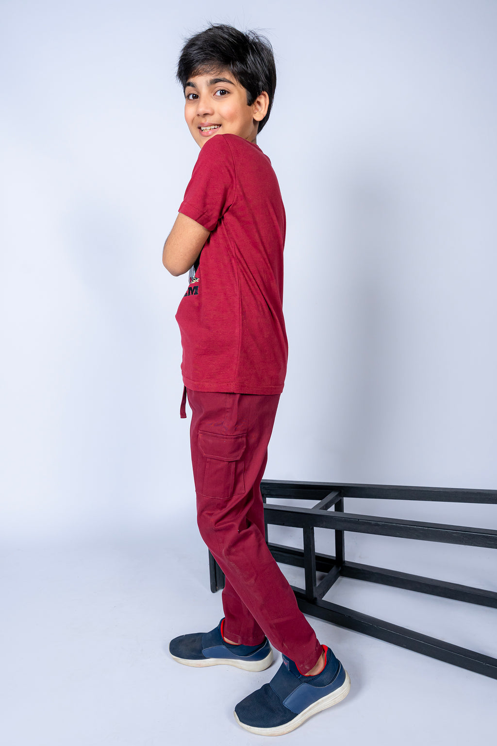 BOY'S T-SHIRT MAROON WITH FRONT "NO ROAD NO CAR" PRINTING