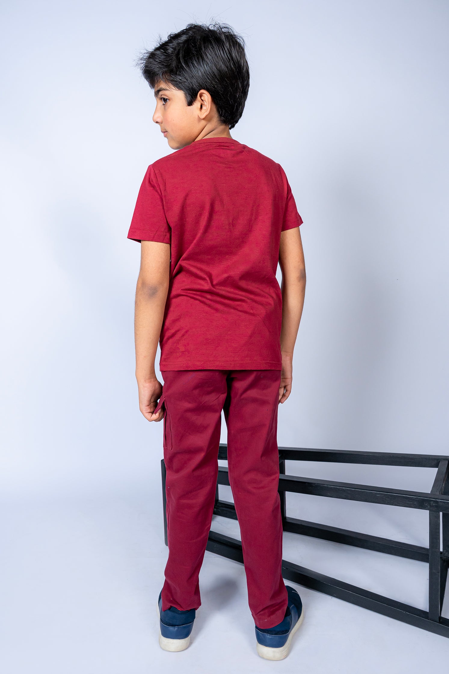 BOY'S T-SHIRT MAROON WITH FRONT "NO ROAD NO CAR" PRINTING