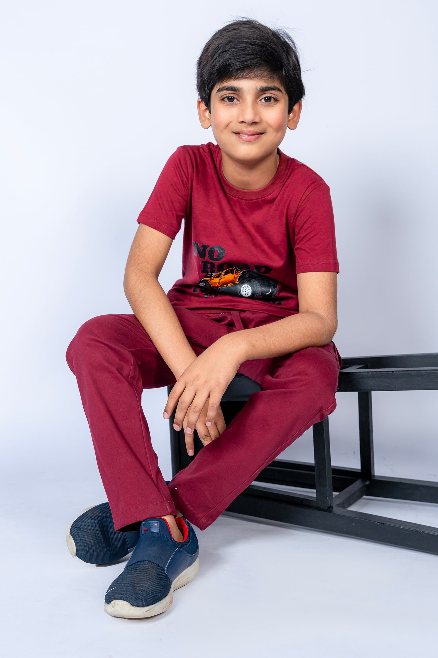 BOY'S T-SHIRT MAROON WITH FRONT "NO ROAD NO CAR" PRINTING