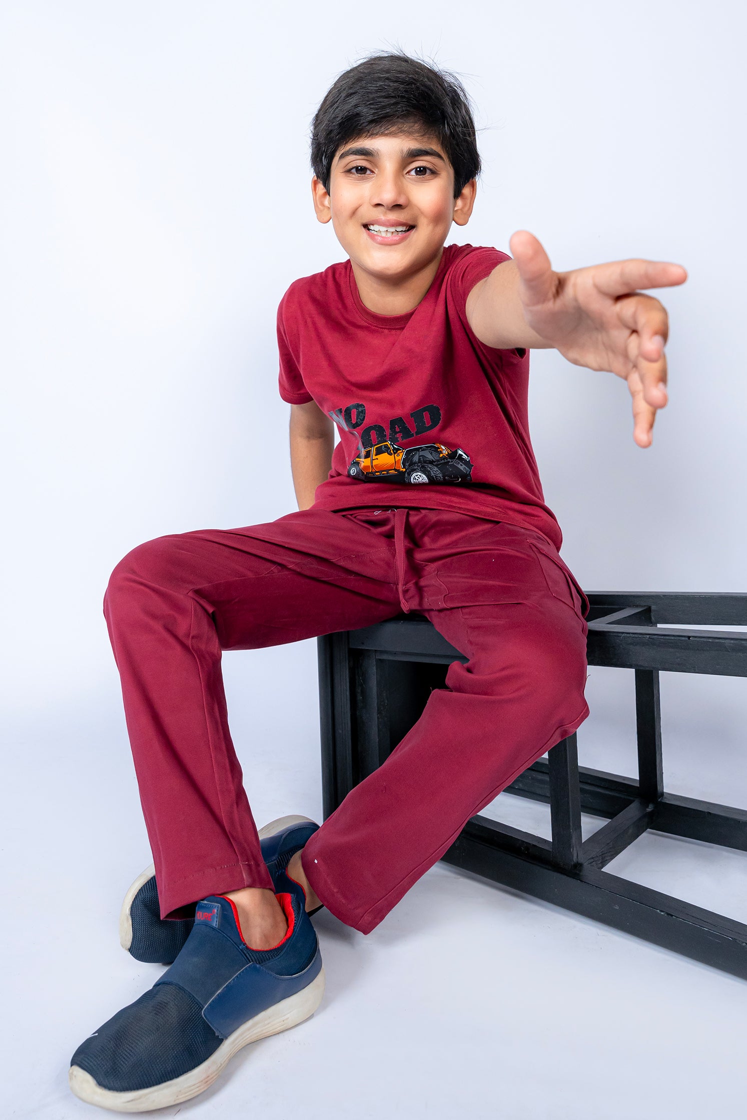 BOY'S T-SHIRT MAROON WITH FRONT "NO ROAD NO CAR" PRINTING