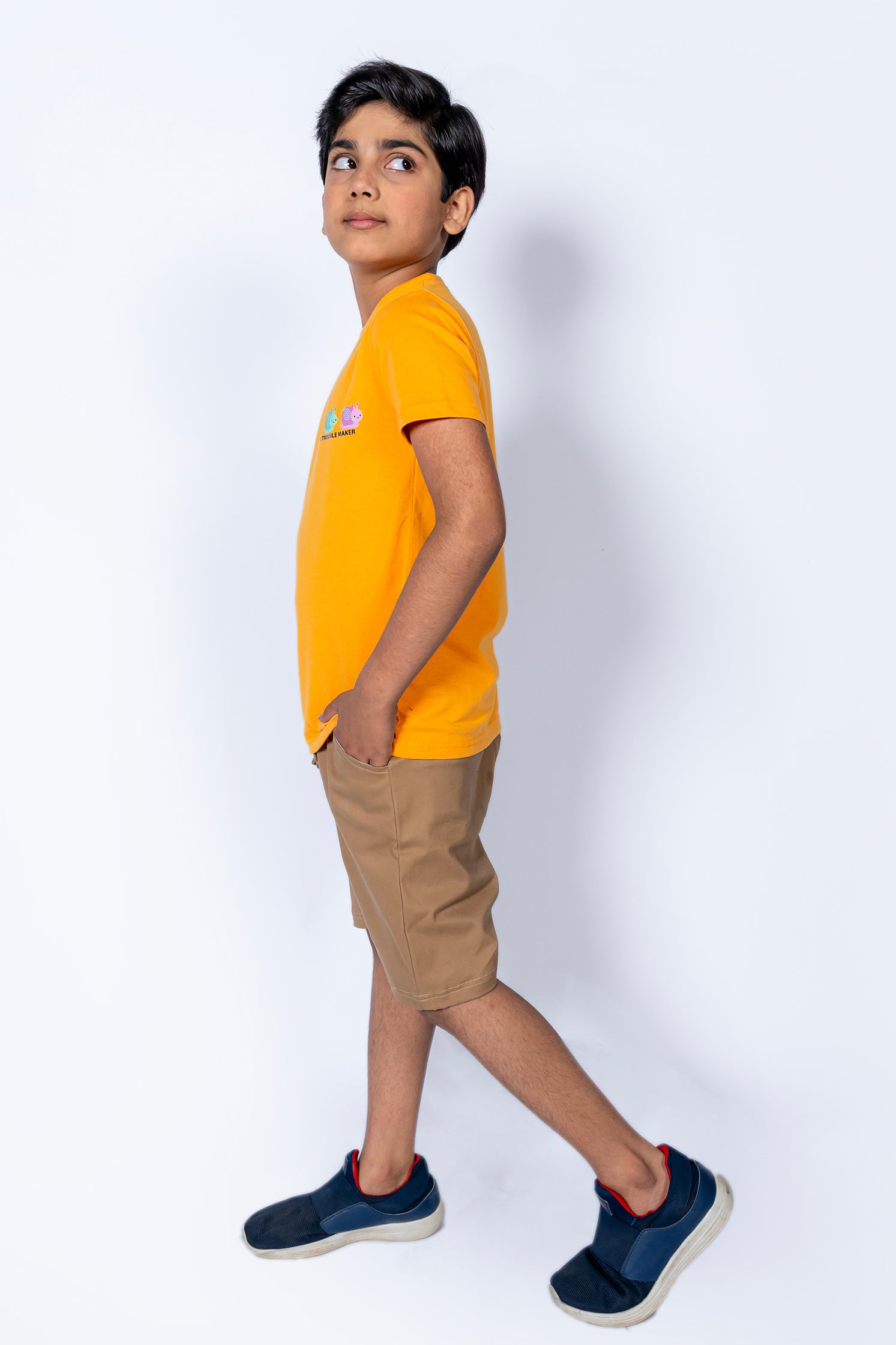 BOYS T-SHIRT MUSTARD WITH "LITTLE TROUBLE" PRINTING