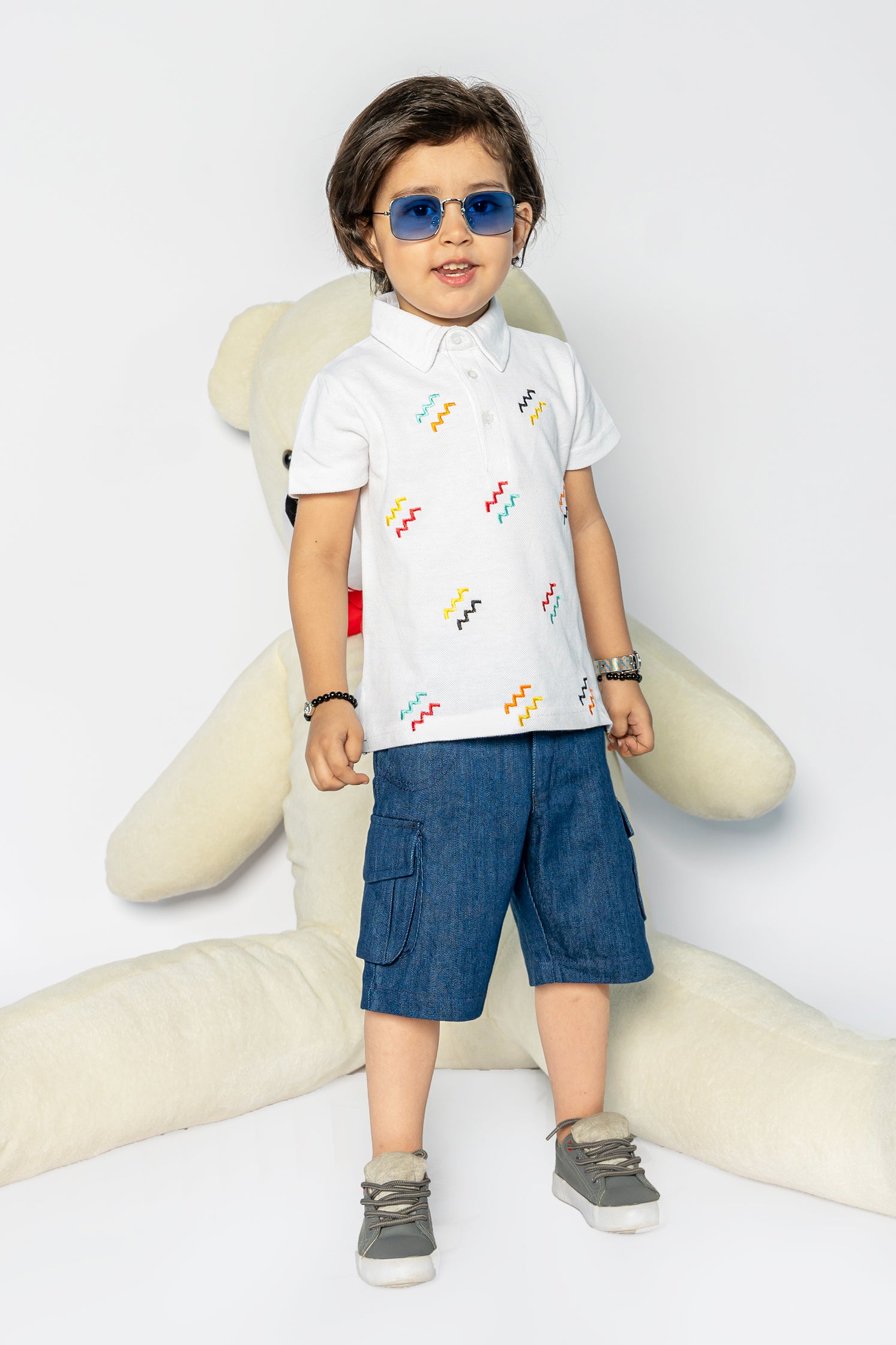 KIDS POLO WHITE ALL OVER EMBROIDERY