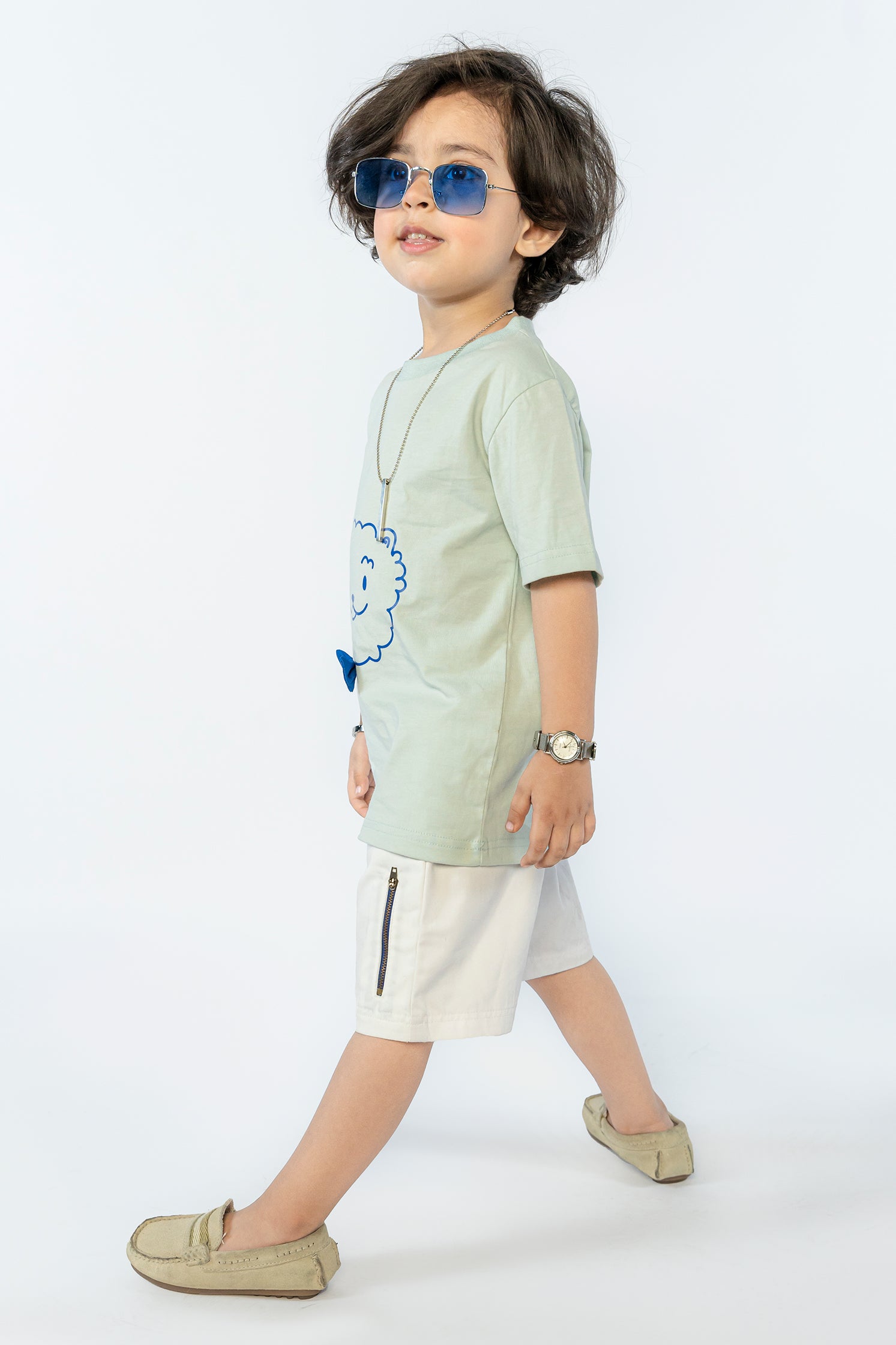 KID'S T-SHIRT BUTTER GREEN WITH FABRIC BOW & LION PRINTING
