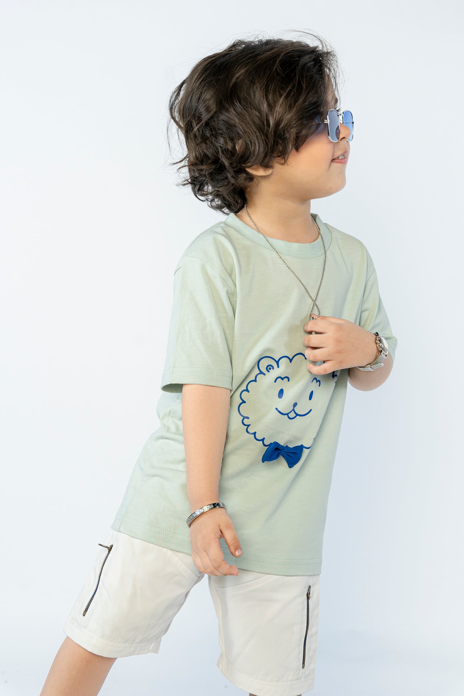 KID'S T-SHIRT BUTTER GREEN WITH FABRIC BOW & LION PRINTING