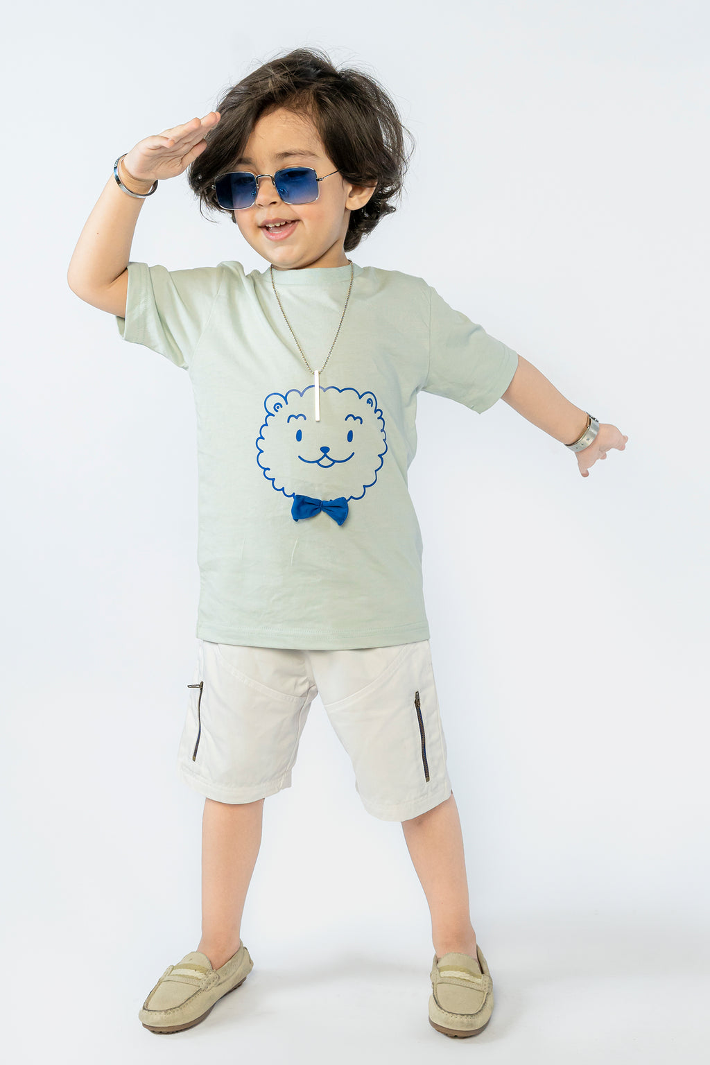 KID'S T-SHIRT BUTTER GREEN WITH FABRIC BOW & LION PRINTING