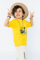 KIDS T-SHIRT MUSTARD WITH FRONT "DINO" PRINT