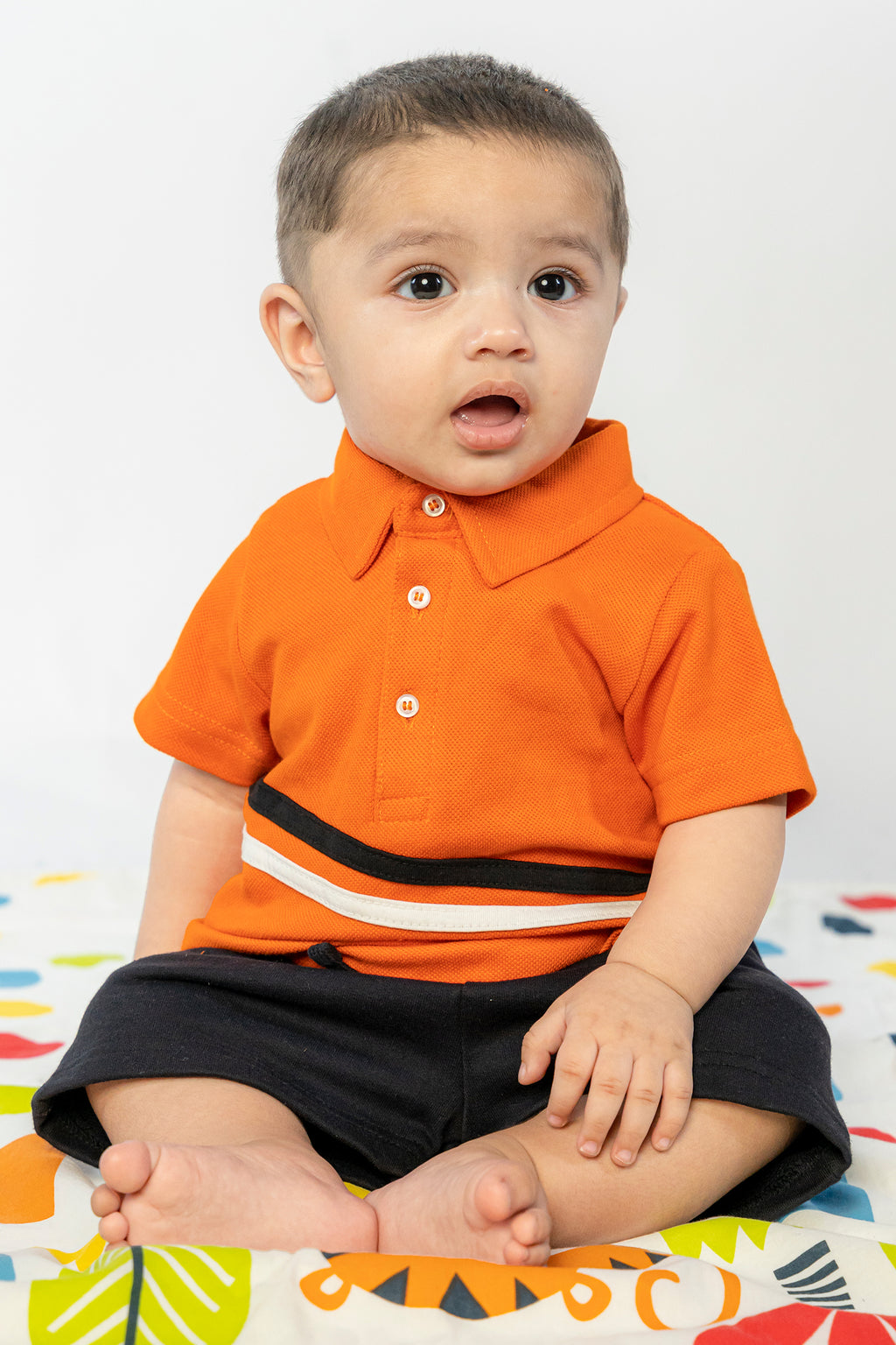 UNISEX BABY POLO ORANGE WITH BLACK AND WHITE LINE