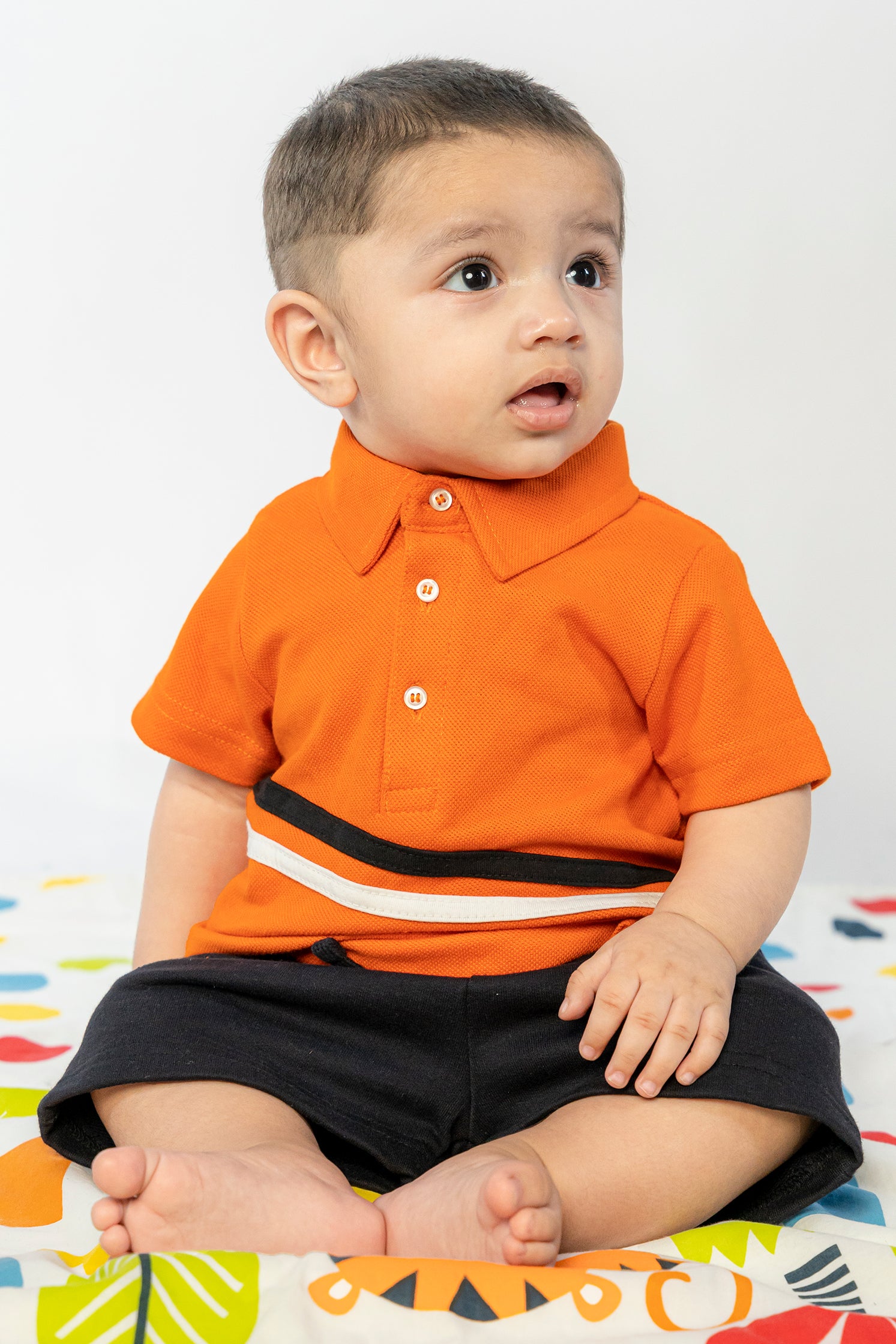UNISEX BABY POLO ORANGE WITH BLACK AND WHITE LINE