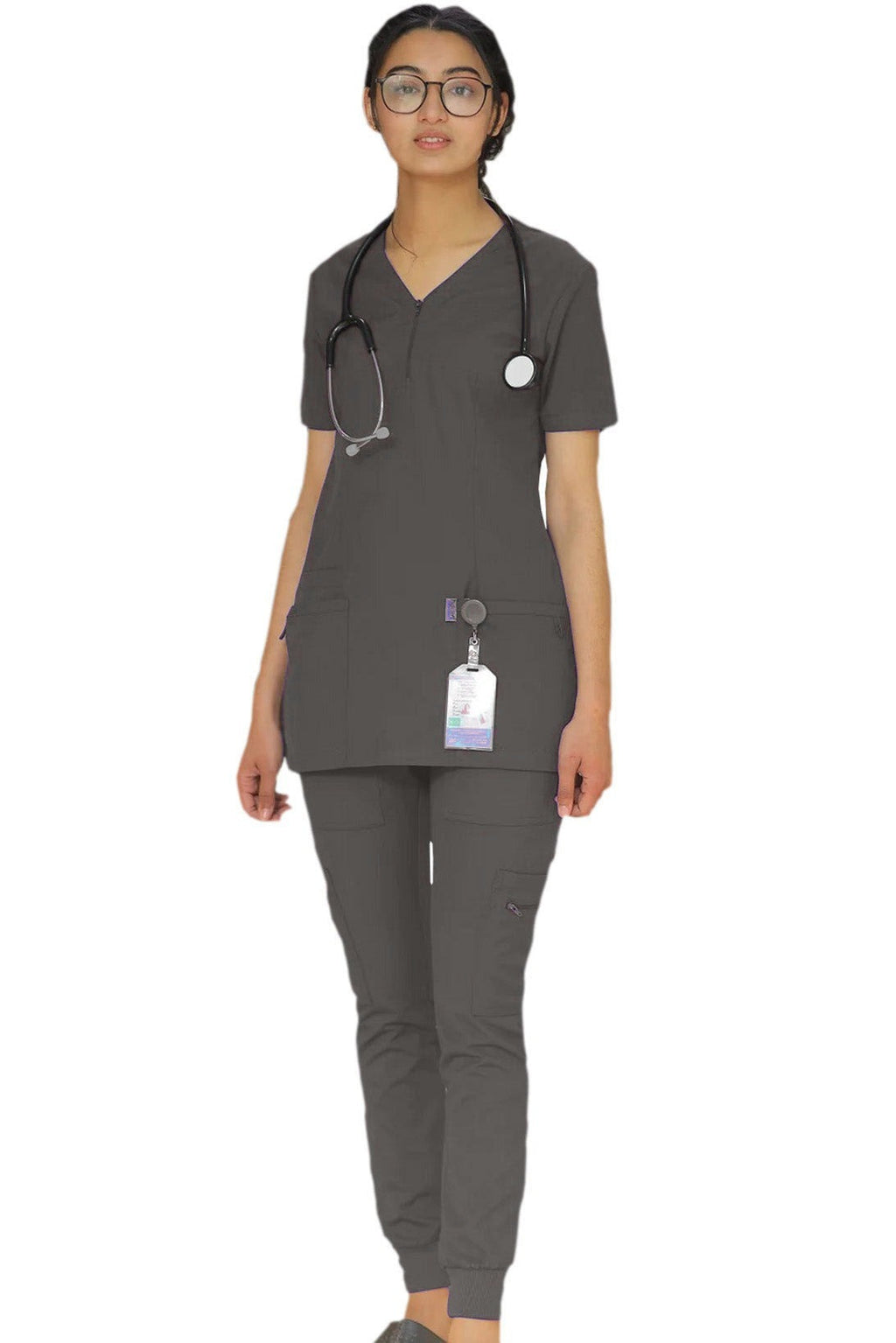 PROFESSIONAL FEMALE ZIPPER OSLO SCRUB SUIT / V-NECK MEDICAL SCRUB SUIT