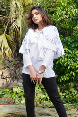 Embroidered kaftan with basic plain top, embellished with a broach at front neck opening