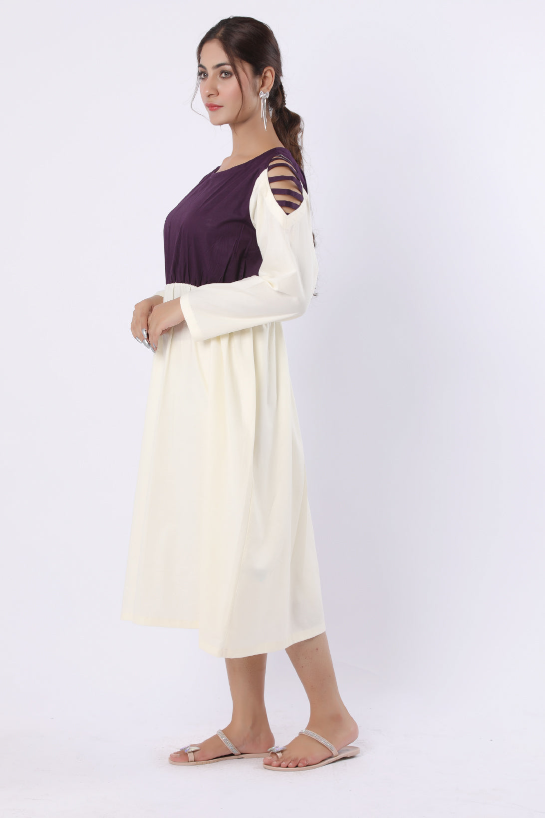 AZRA LADIES FROCK OFF WHITE & PURPLE
