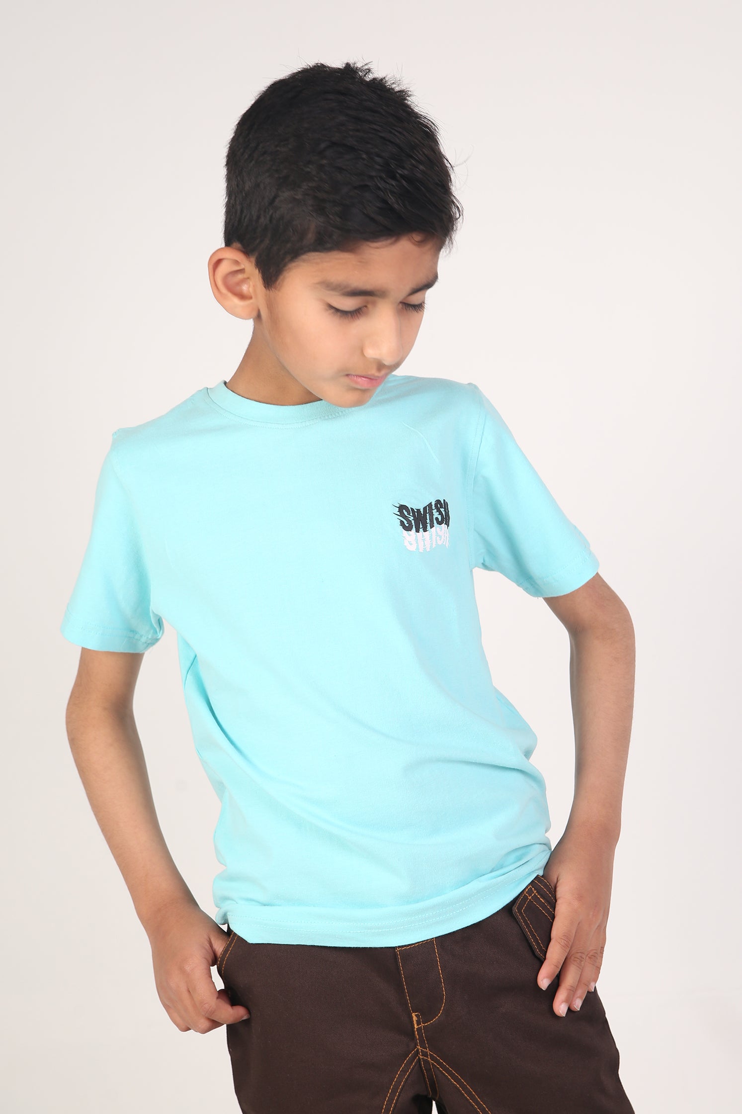 BOY'S T-SHIRT ISLAND BLUE WITH WAVE TYPOGRAPHY PRINTING