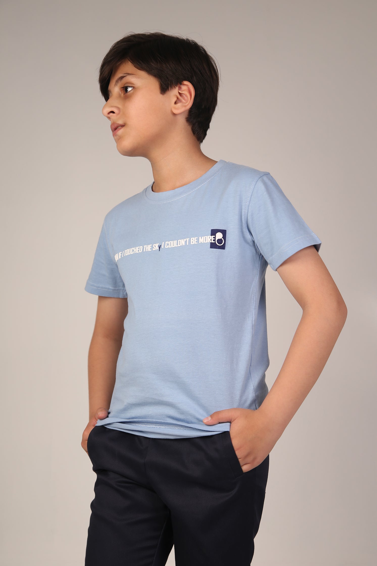 Boys T-shirt / Bleached aqua color block typography