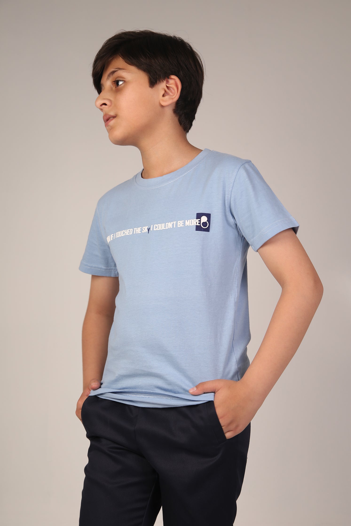 BOY'S T-SHIRT BLEACHED AQUA COLOR BLOCK TYPOGRAPHY