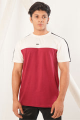 MAROON BANNER AND WHITE COLOR BLOCK TEE WITH TWO WAY PRINT