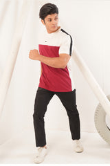 MAROON BANNER AND WHITE COLOR BLOCK TEE WITH TWO WAY PRINT