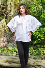 Embroidered kaftan with basic plain top, embellished with a broach at front neck opening