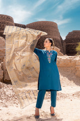 Embroidered 3PC Stitched Suit with Zarri Net Dupatta and Capry