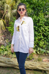 Ladies Lawn white Button down top with Embroidered sun flowers