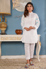 Ladies Lawn White trouser shirt with embroidery at sleeves , delicate laces and beads paired
