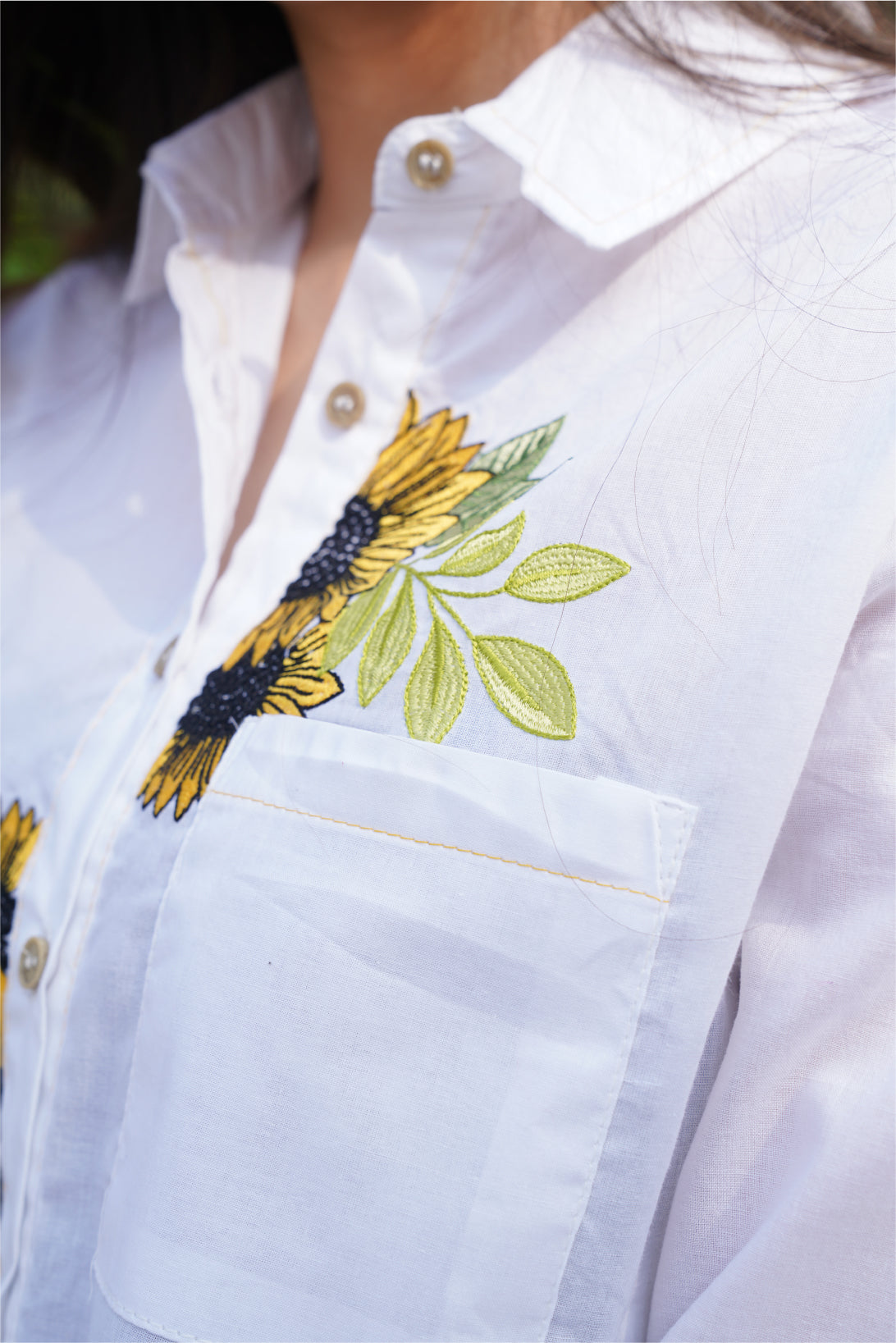 Ladies Lawn white Button down top with Embroidered sun flowers