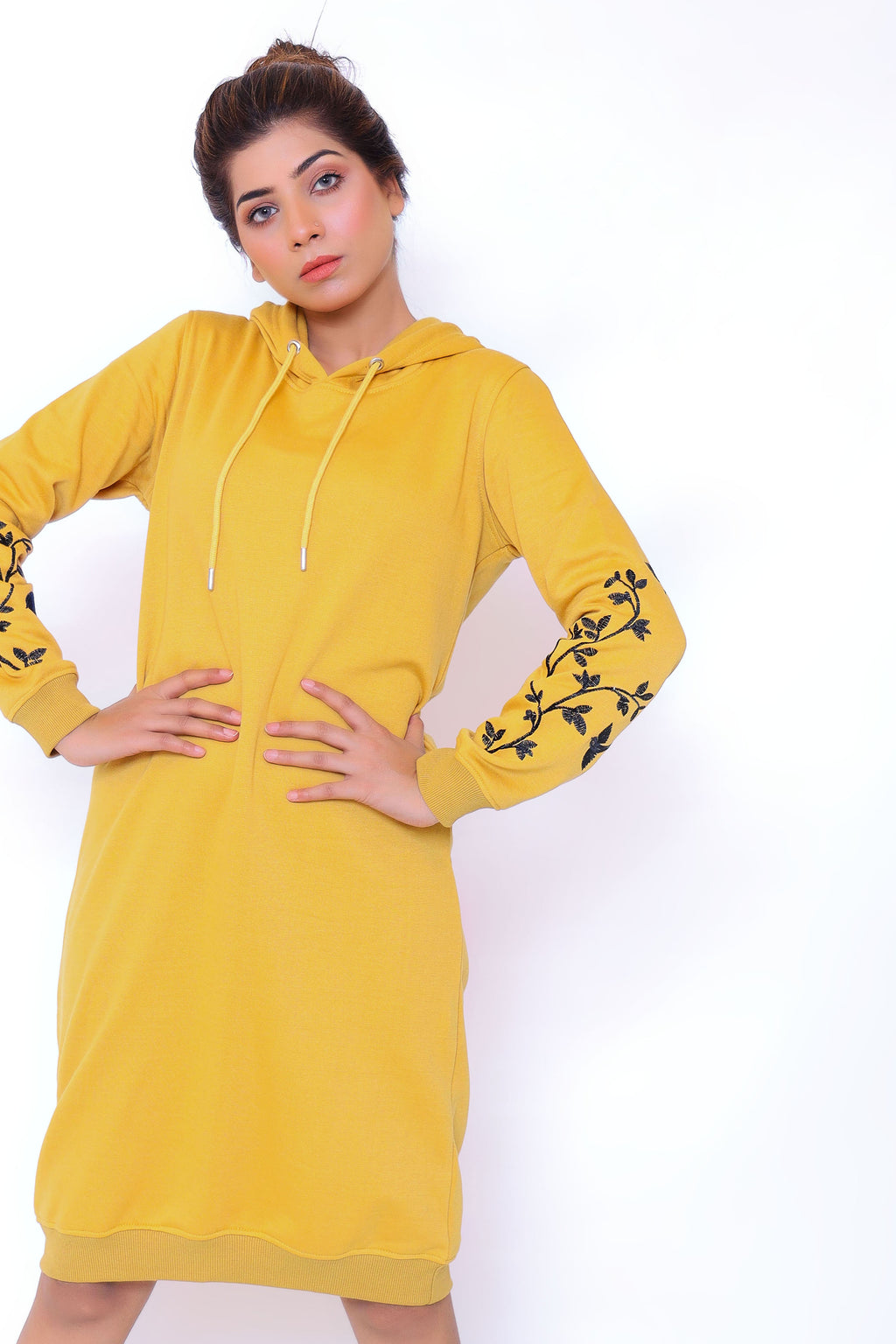MUSTARD EMB LONG HOODIE