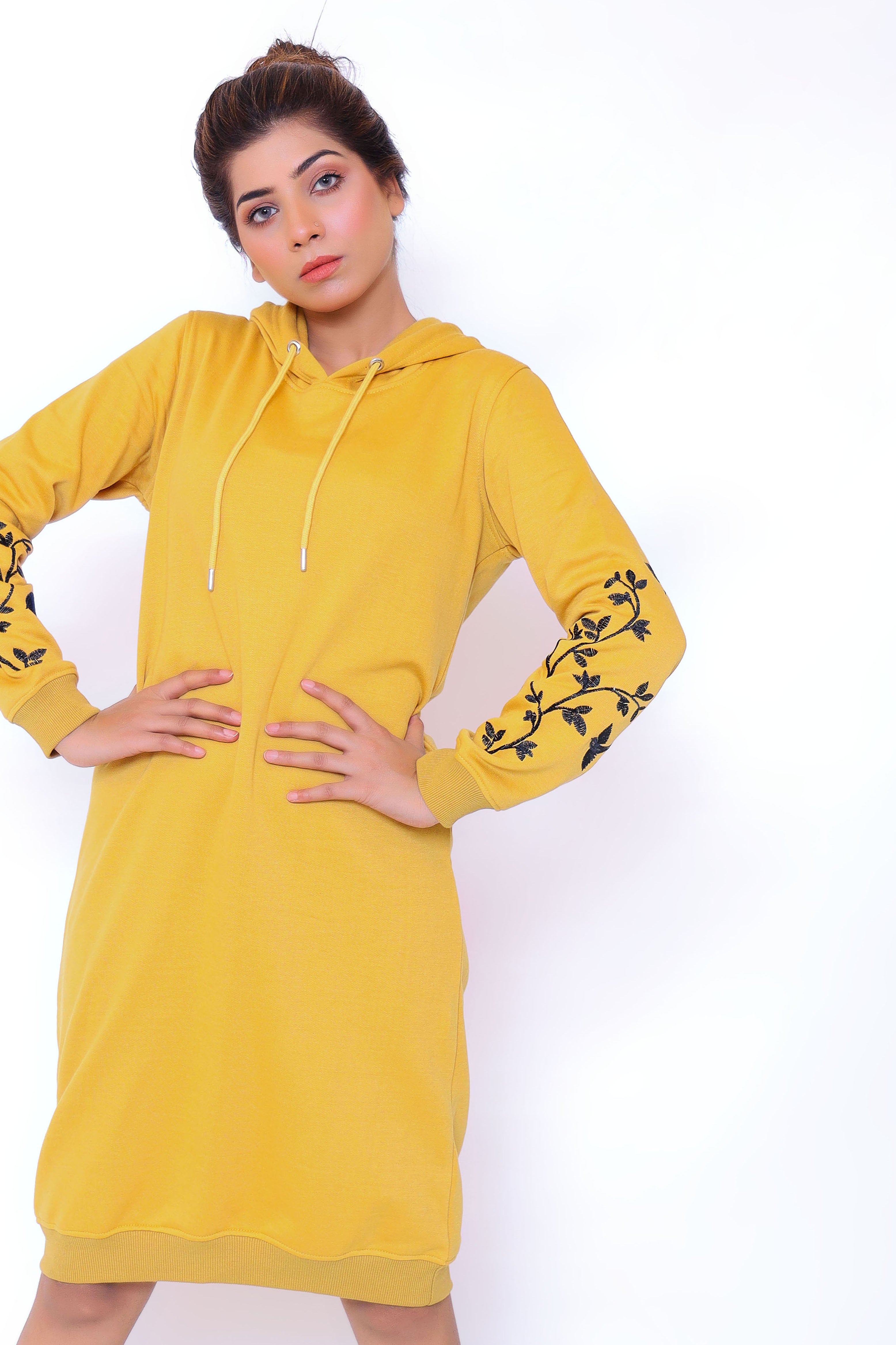 MUSTARD EMB LONG HOODIE