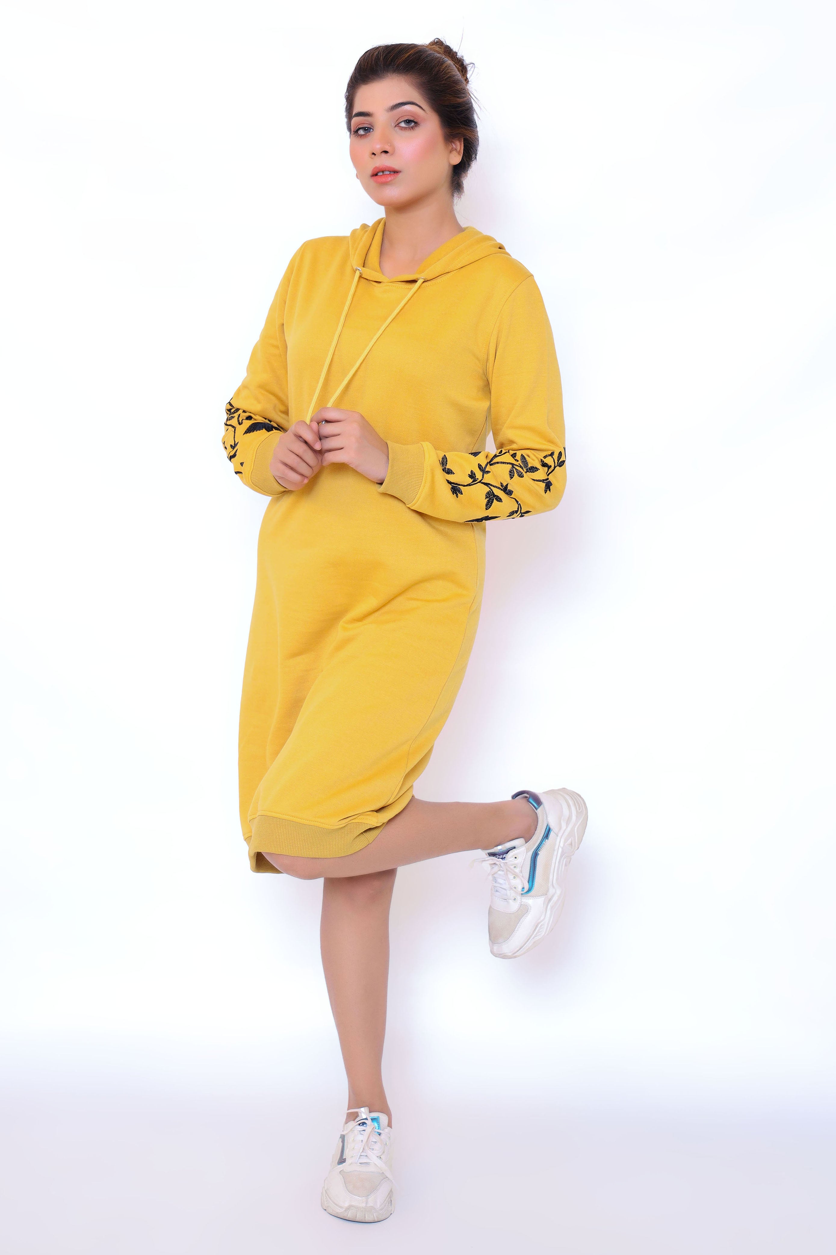 MUSTARD EMB LONG HOODIE